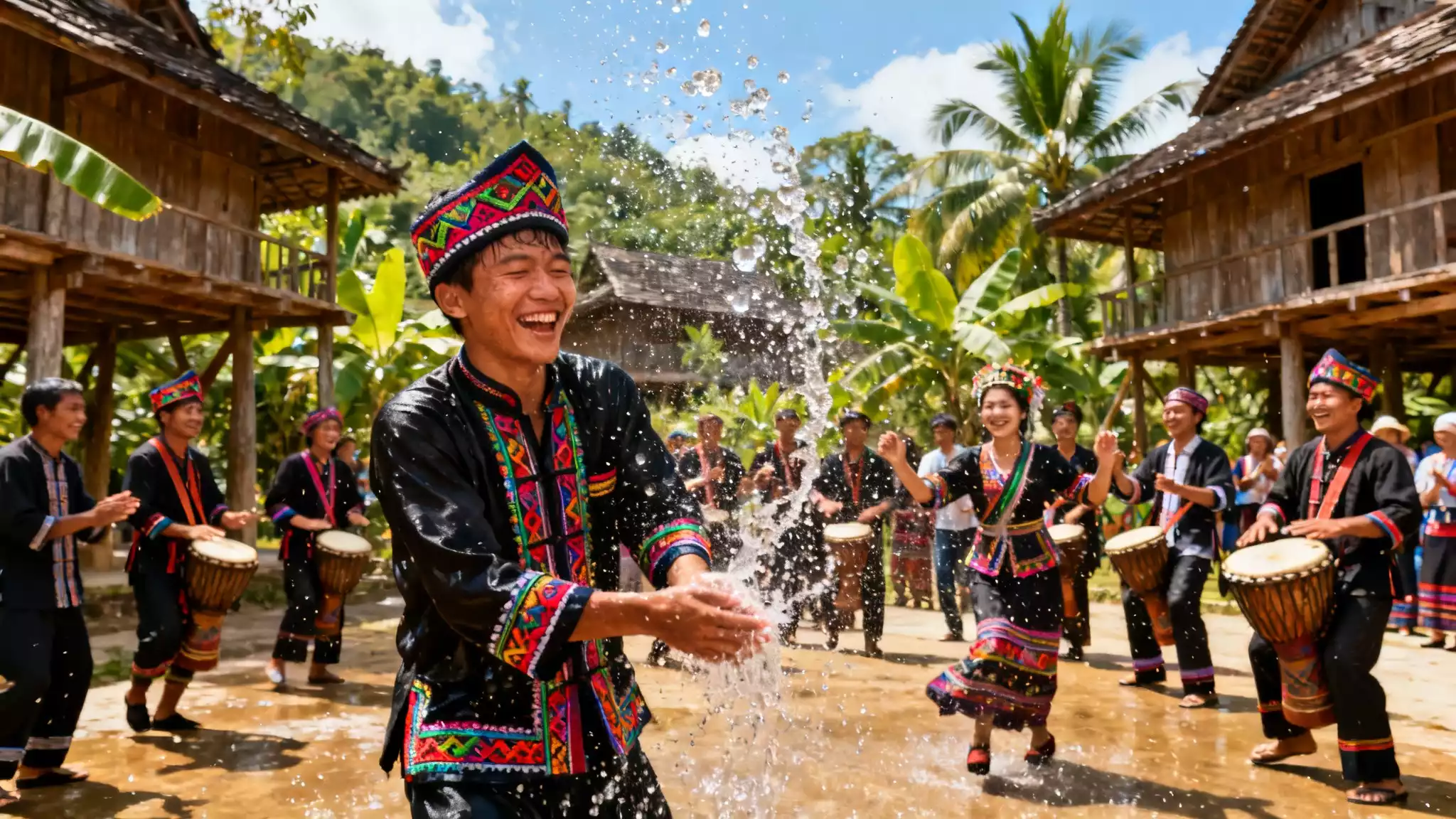 Bulang people joyfully celebrating Shankang festival in Menghai village: water splashing ceremony, traditional dancing, drums, and ethnic clothing under sunny sky