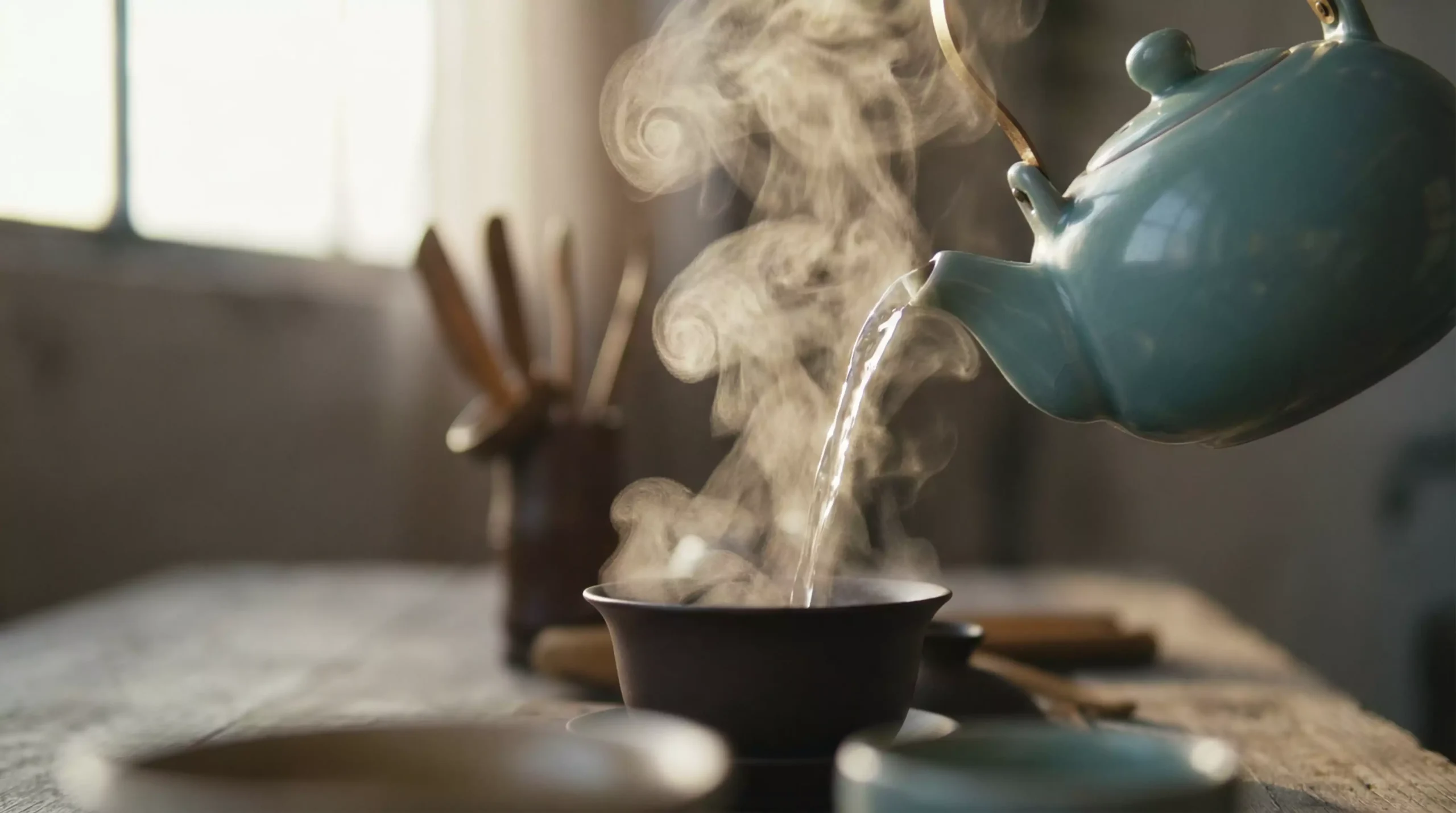 Cinematic close-up shot of a stream of boiling hot water being poured from a traditional celadon porcelain kettle into a small, pre-heated gaiwan.