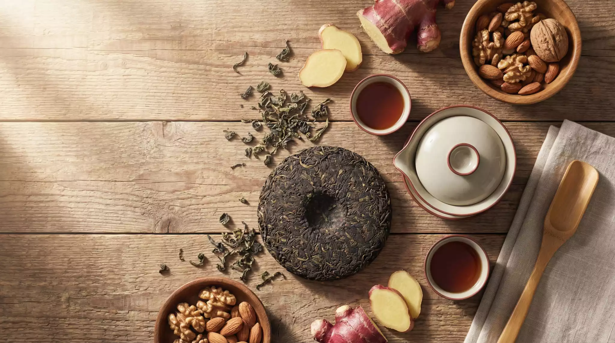 Chinese tea flat lay representing daily tea wellness, balance, and mindful tea drinking