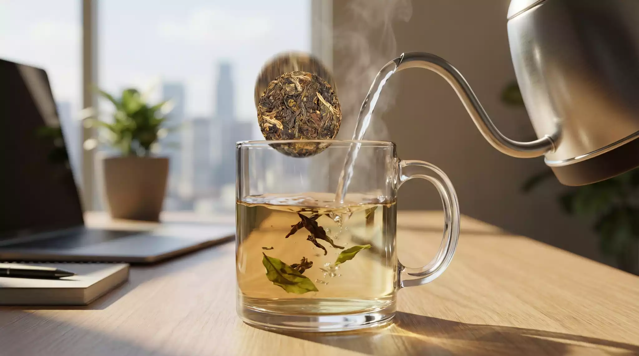 Dynamic office tea brewing scene
