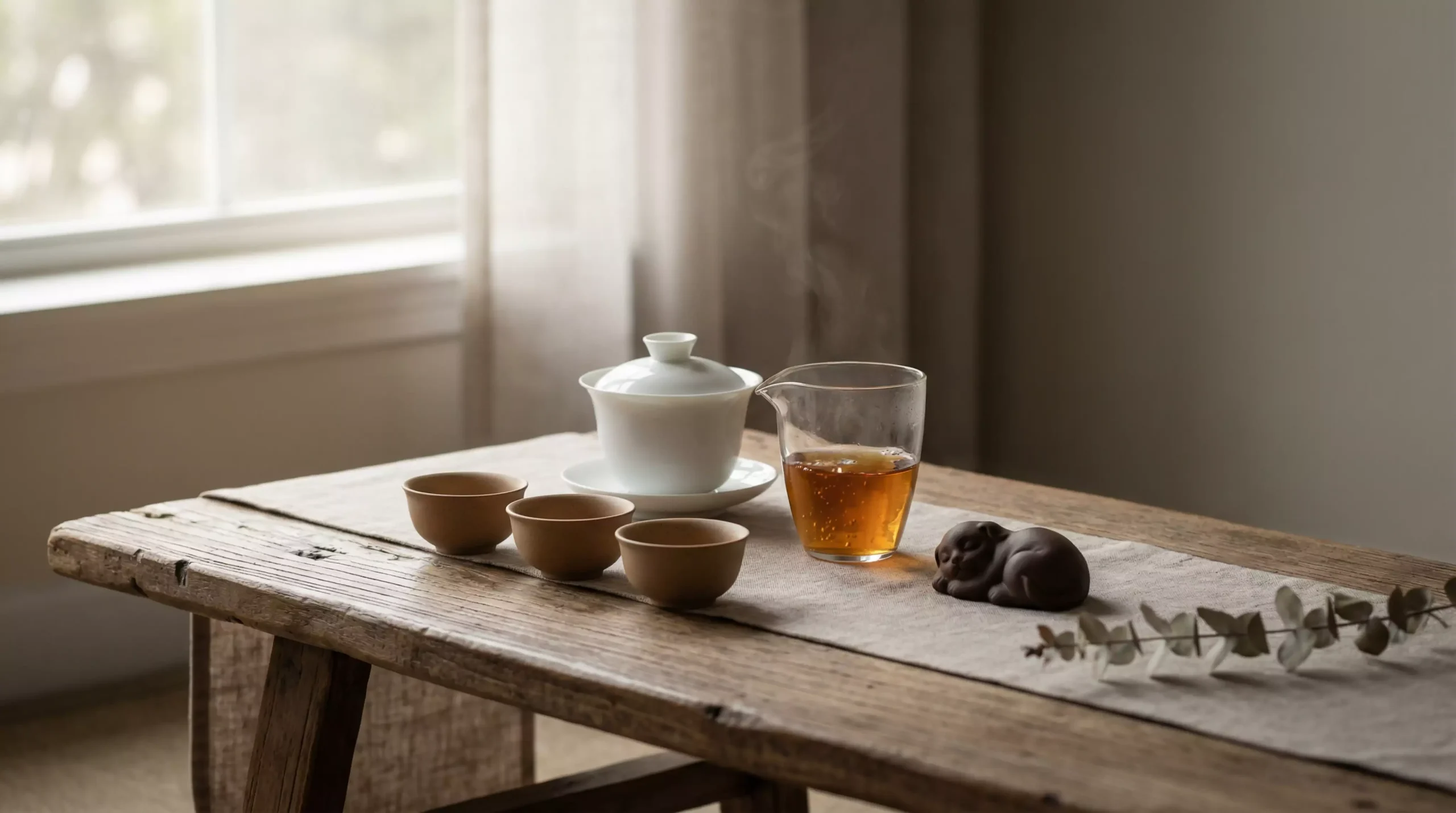 Elegant and serene Gongfu tea setup on a minimalist wooden tea table. A white porcelain gaiwan, a glass fairness cup filled with amber Puerh tea, three small matching teacups, and a small tea pet.
