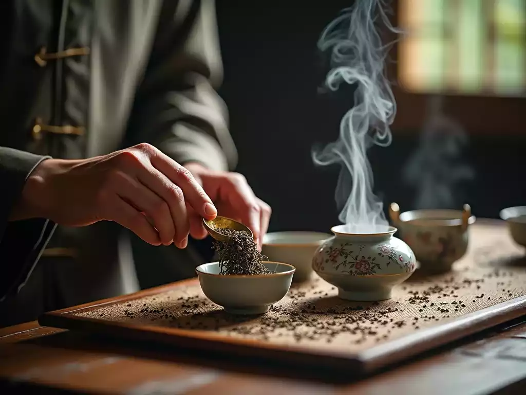 Traditional Gongfu tea brewing with Yunnan black tea in serene setting