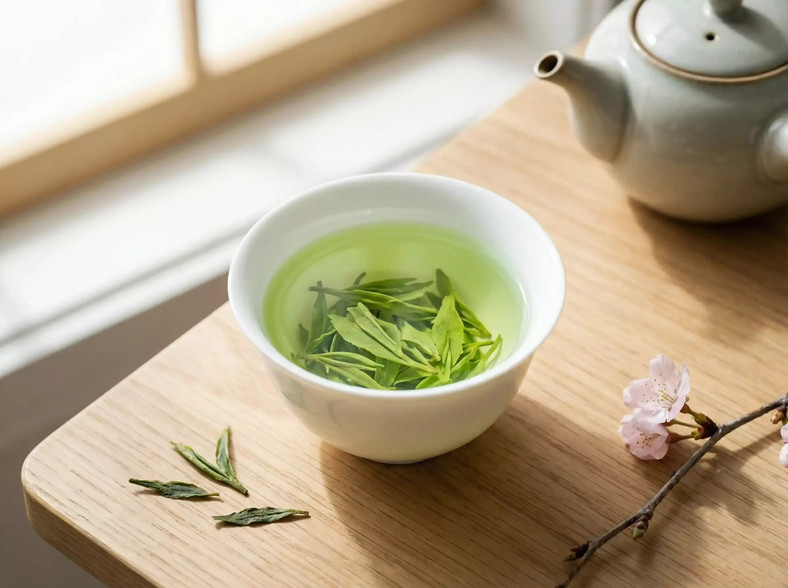 Delicate Longjing green tea in white porcelain cup, representing small-leaf Camellia sinensis var. sinensis