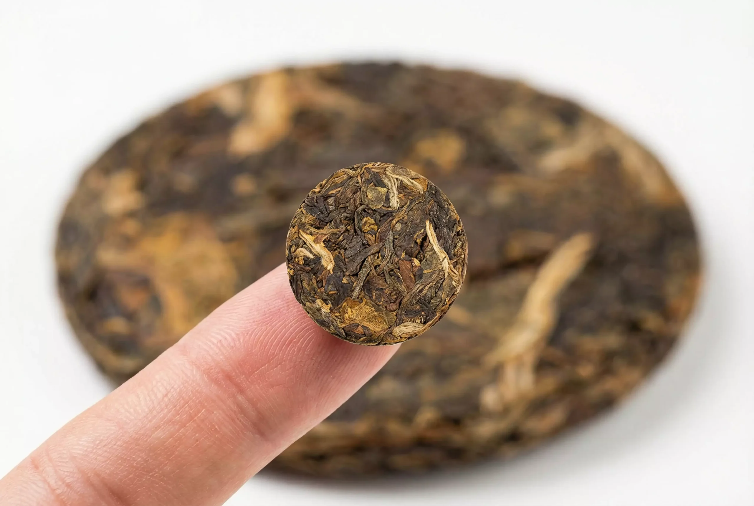 A tiny, perfectly round 2g mini tea cake resting on a person's fingertip. In the blurred background, a massive traditional 357g tea cake.