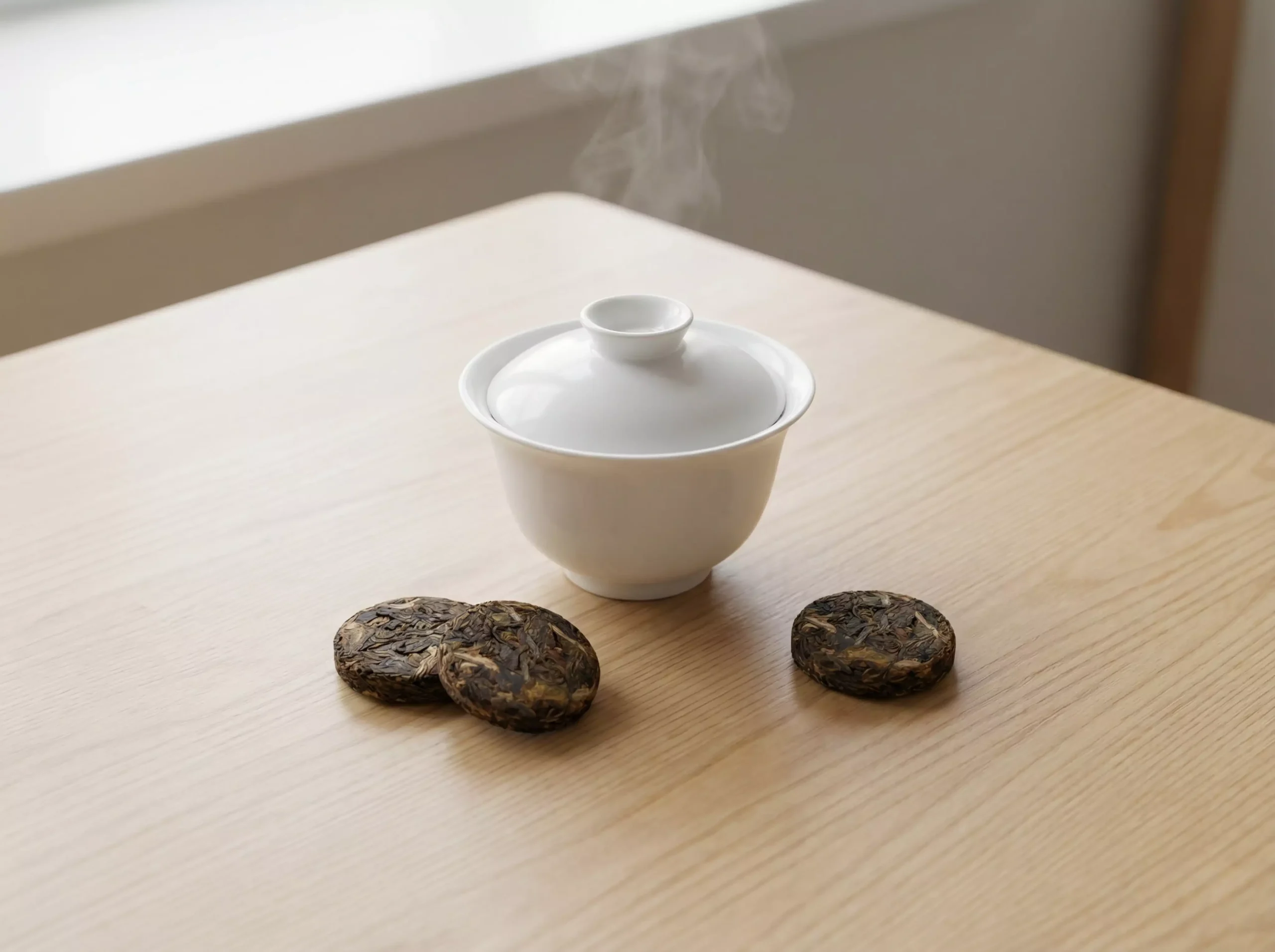 Three 2g mini tea cakes beside a minimalist gaiwan for a focused tea session