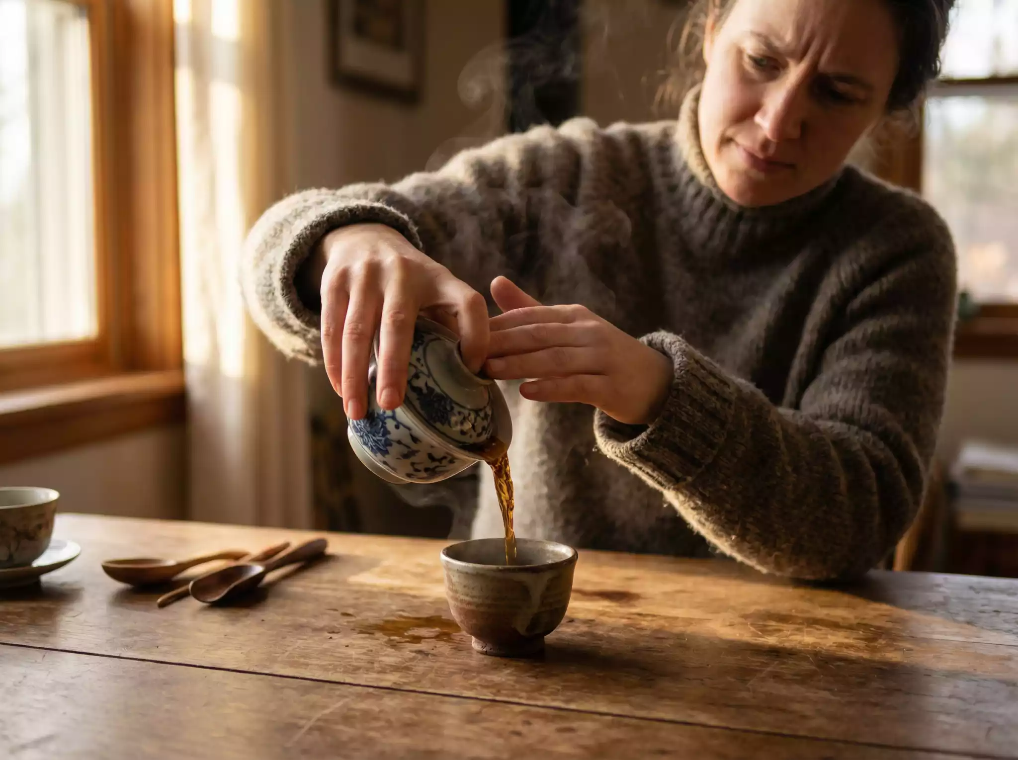 Morning Pu-erh tea ritual illustrating why drinking raw Pu-erh on an empty stomach may cause discomfort