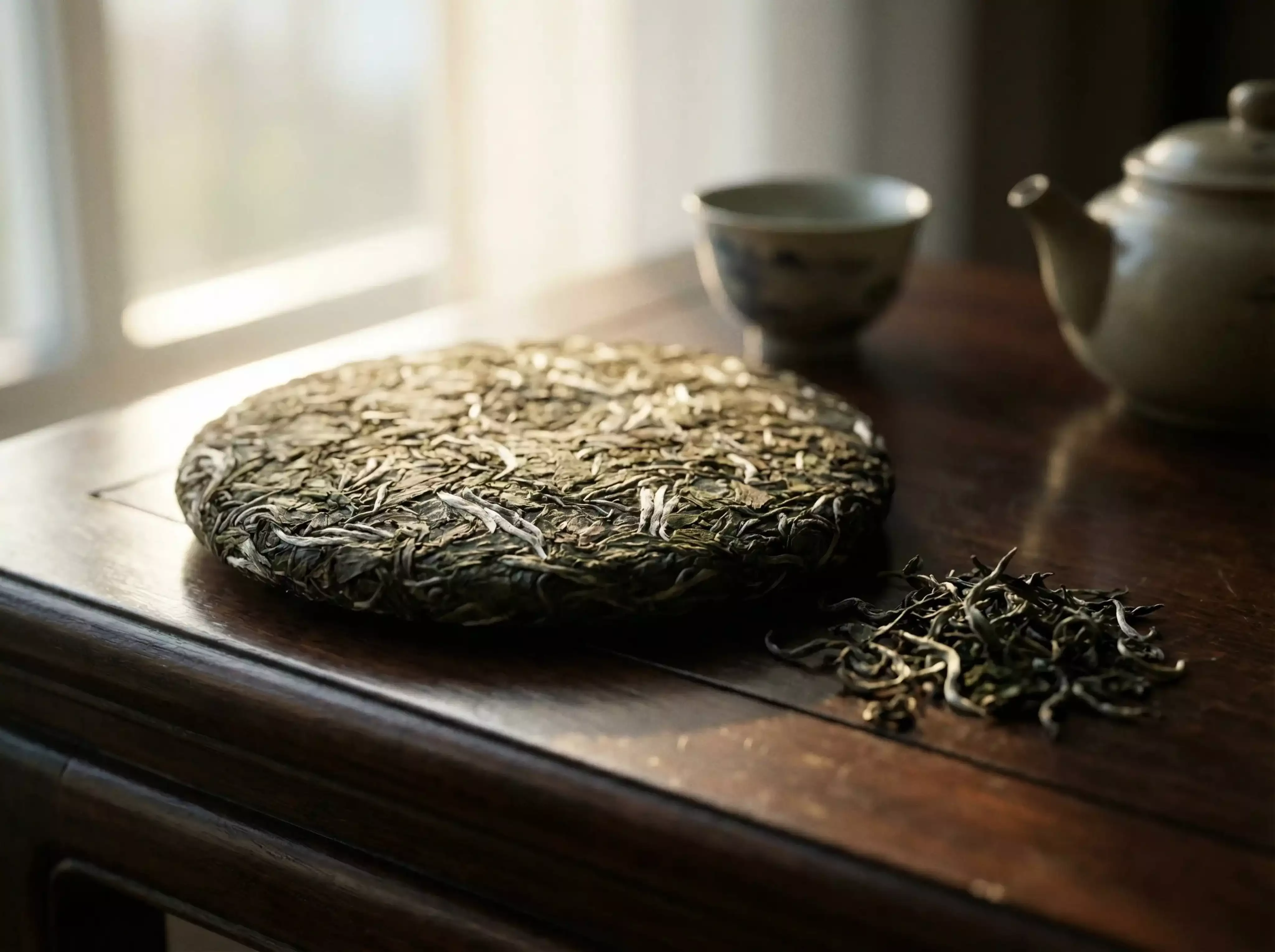 A cinematic macro shot of a dried raw Puerh tea cake (Bingcha) on a dark wooden tea table. Beside it, a small heap of loose tea leaves.