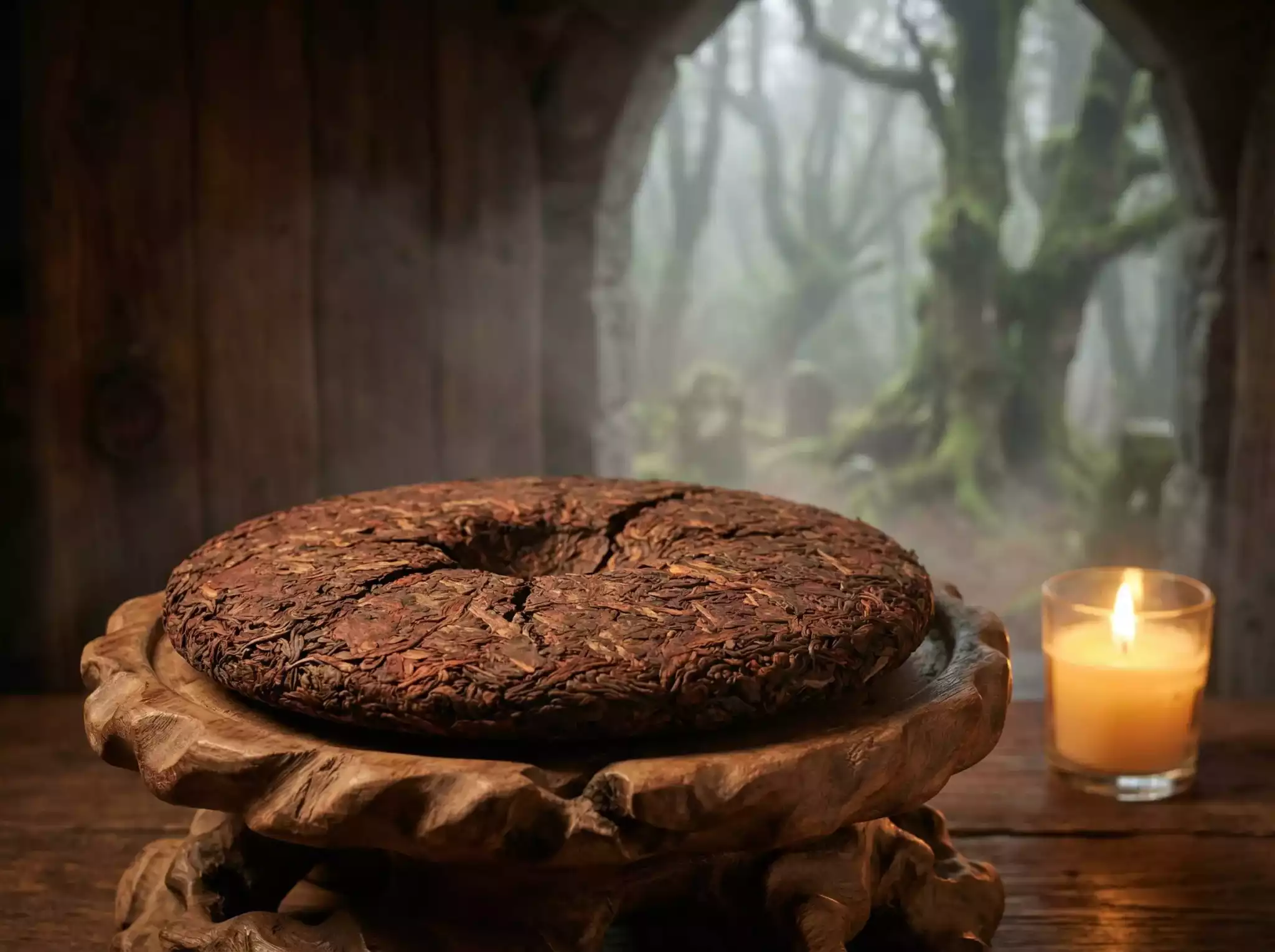 Deeply matured raw Pu-erh tea cake, earthy and profound