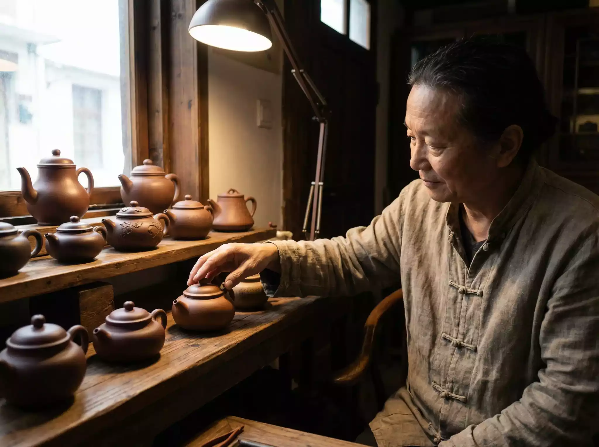 Person thoughtfully choosing among various Yixing teapots, personal connection
