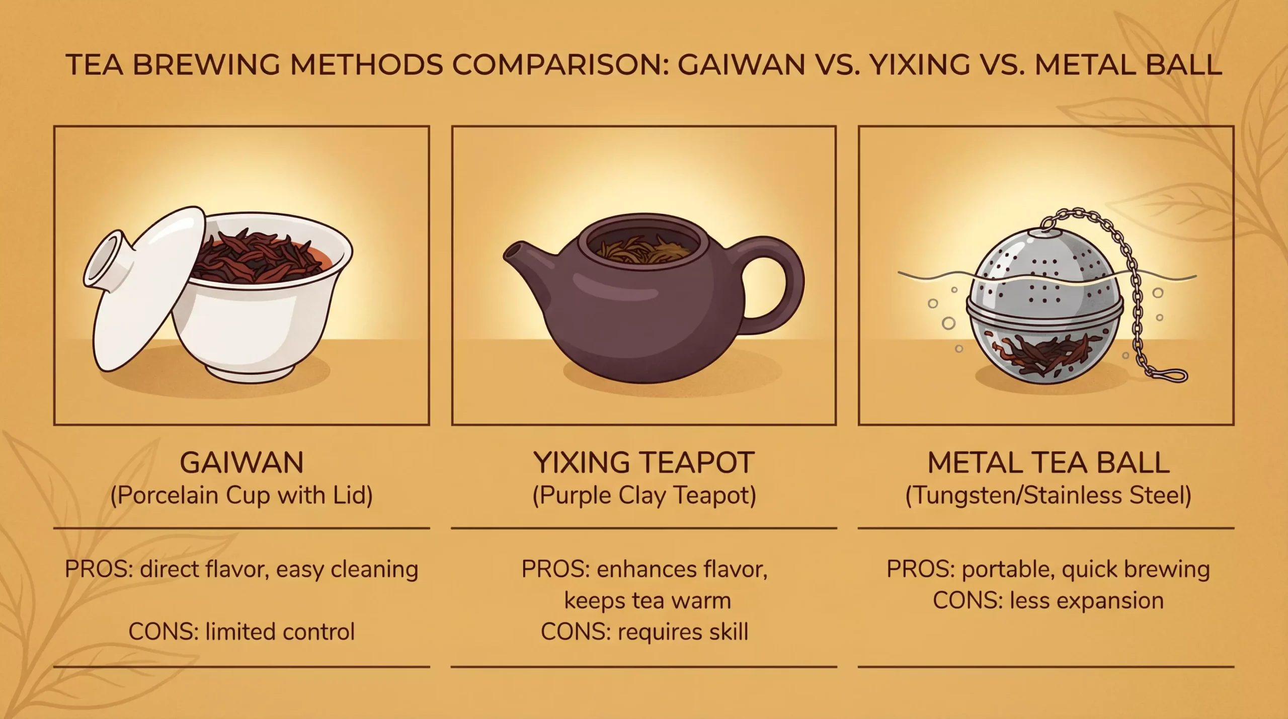 Side-by-side comparison of Shai Hong brewing with gaiwan, Yixing teapot, and metal tea ball, showing liquor color and setup differences