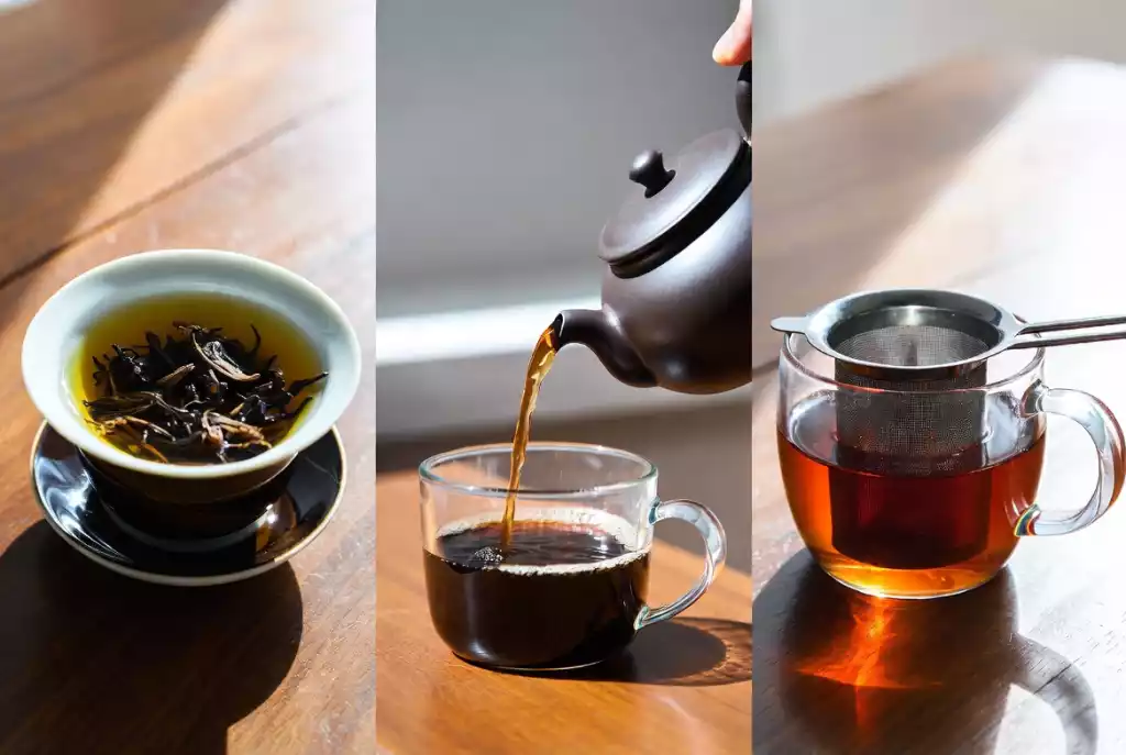 Three brewing methods side by side: porcelain gaiwan with golden liquor, Yixing teapot pouring dark tea, and glass mug with metal infuser