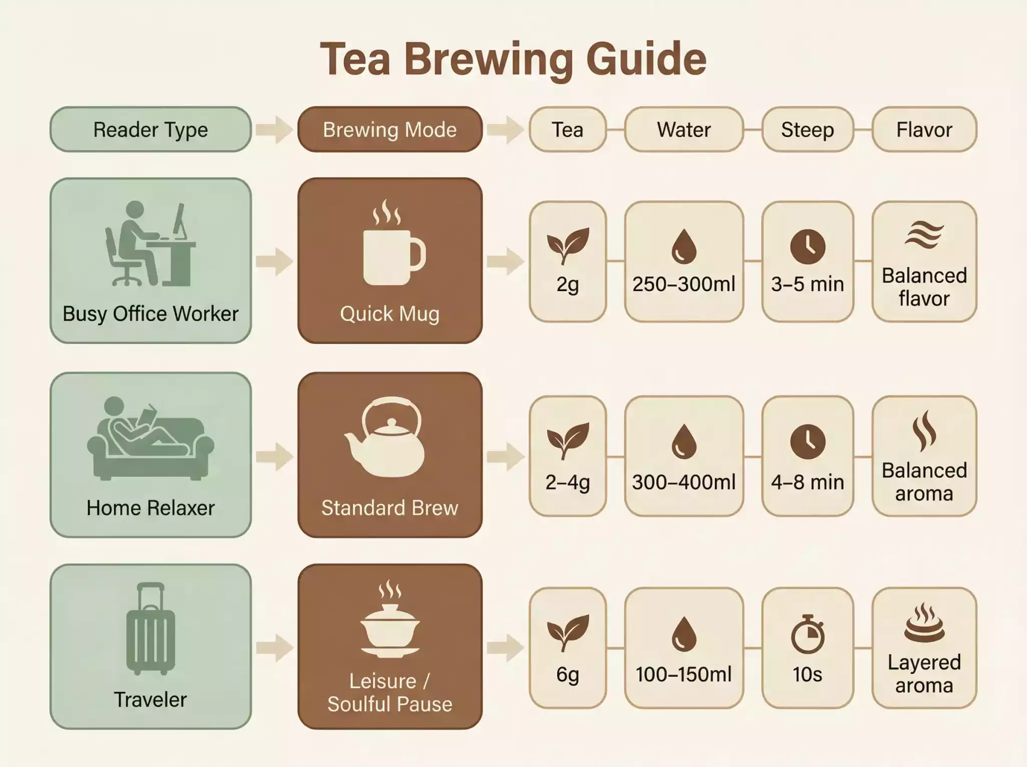 Tea Brewing Flowchart: Type → Brewing Mode → Tea/Water/Steep/Flavor