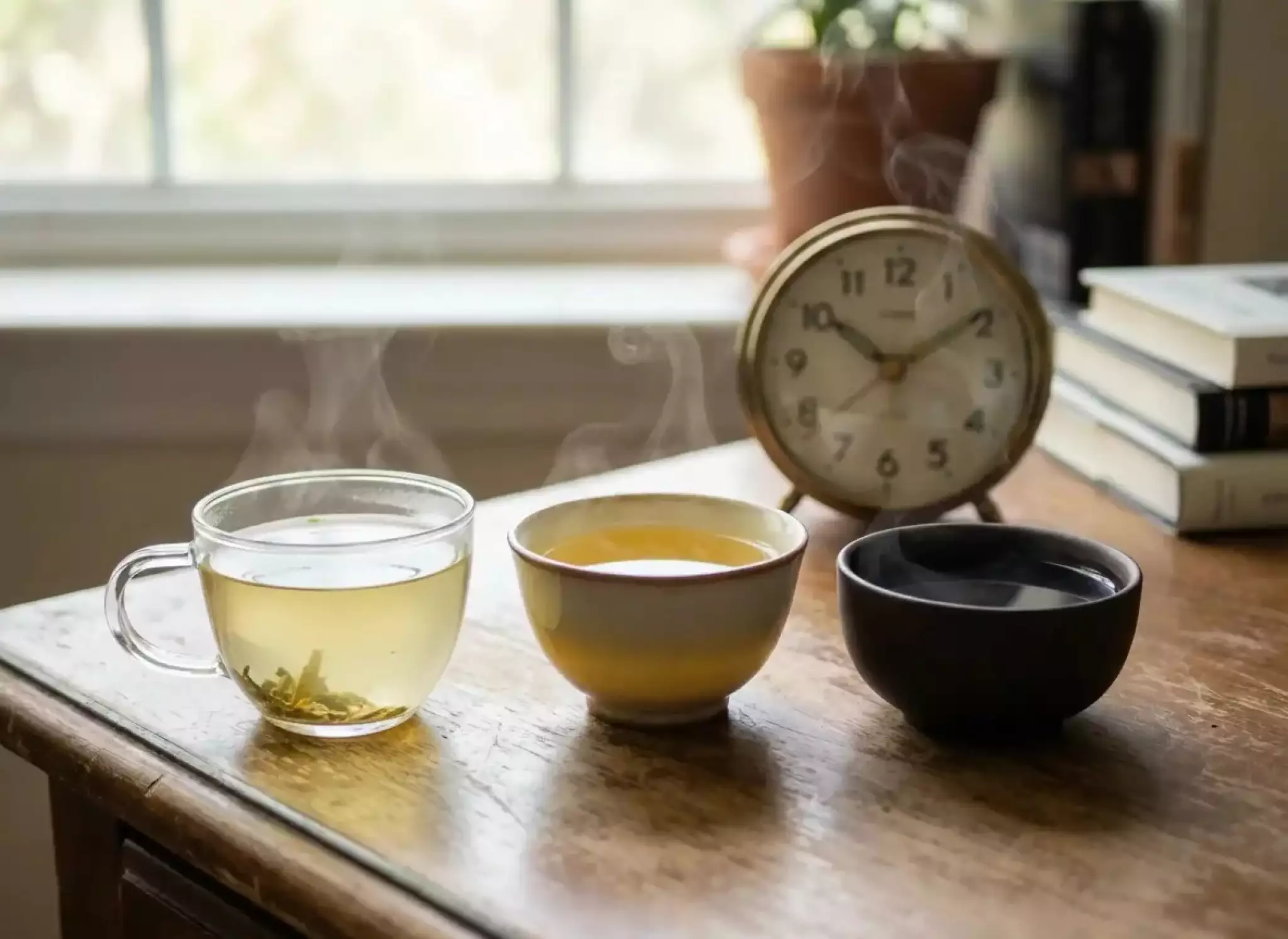 Three cups of tea on a work desk representing the daily rhythm: light green tea, golden Sheng Pu-erh, and dark Shou Pu-erh, with steam rising during a mindful micro-break