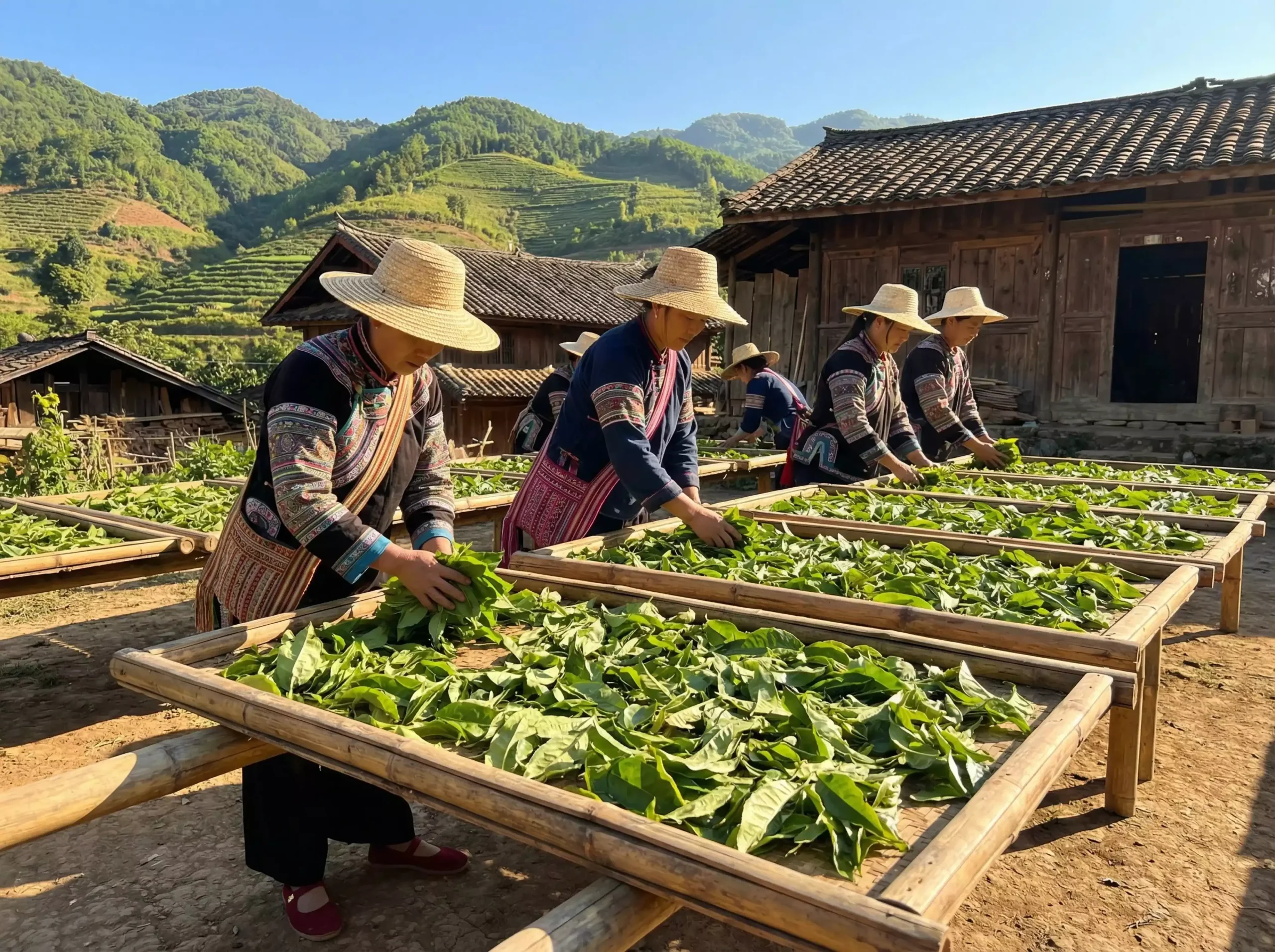 Traditional Yunnan Pu-erh sun-drying process with large-leaf tea on bamboo trays under sunlight