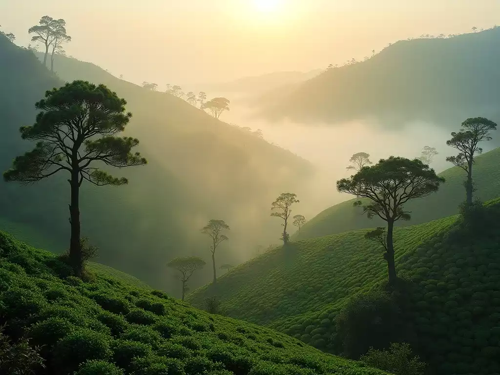 Misty ancient Pu-erh tea forests in Yunnan at sunrise