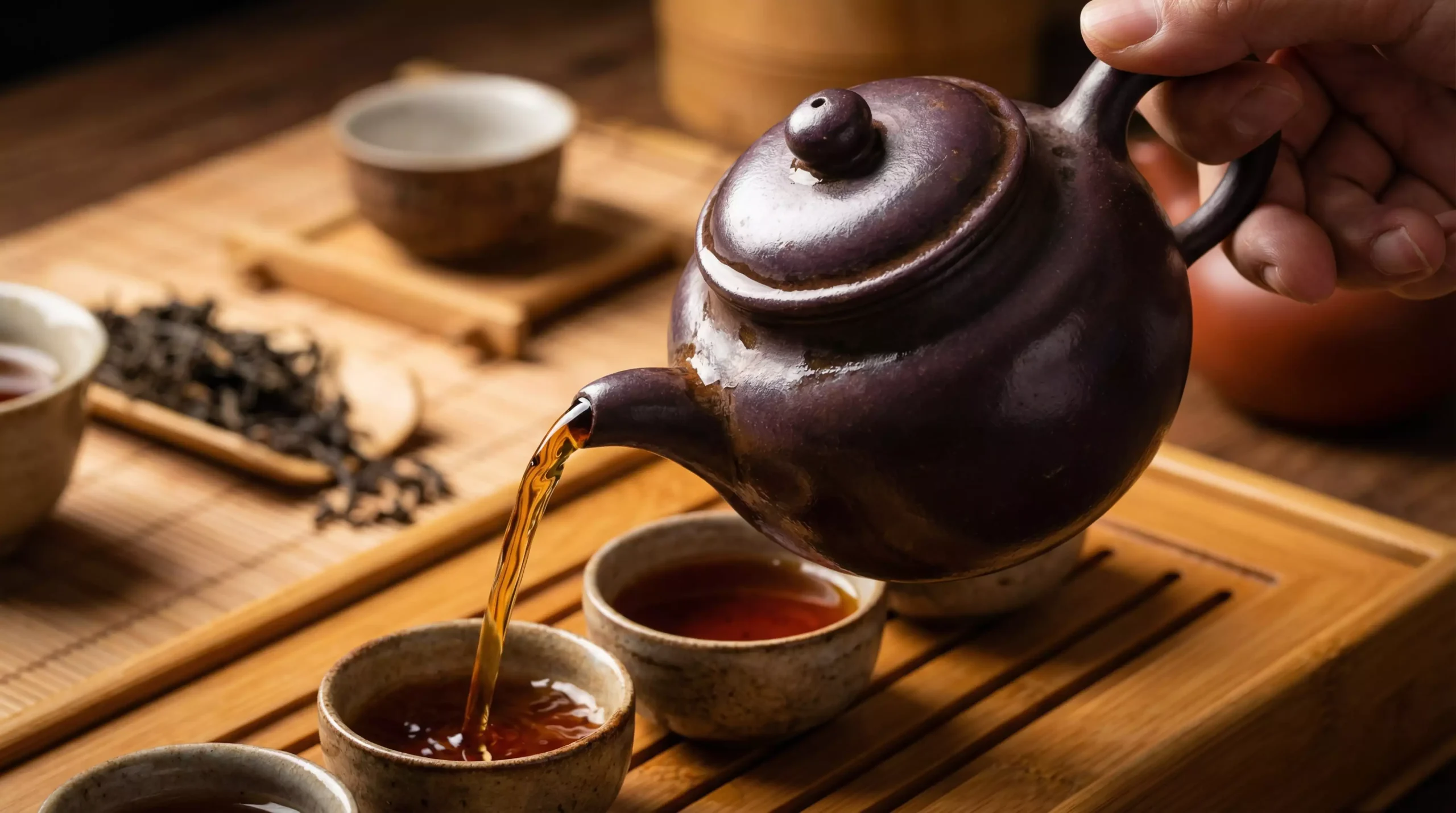 Yixing clay teapot pouring rich amber Shai Hong tea into small cups, highlighting patina and smooth flow