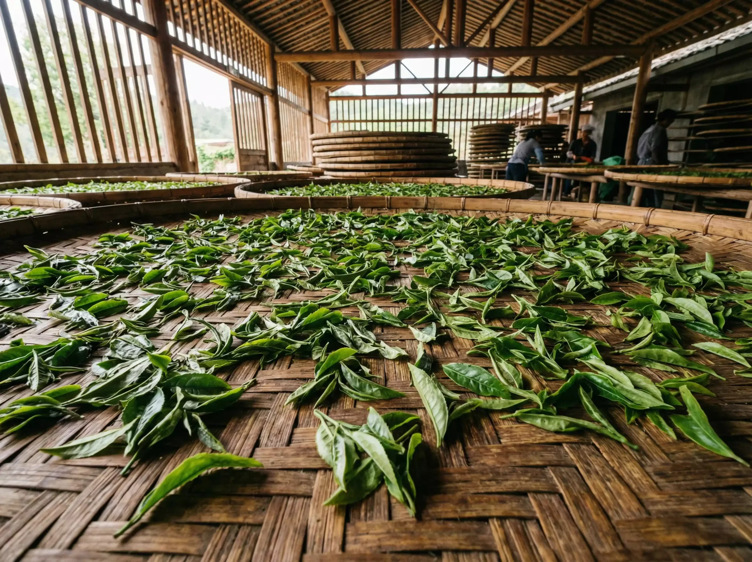 Freshly picked tea leaves spread thinly on bamboo mats for withering in a traditional Yunnan tea processing area