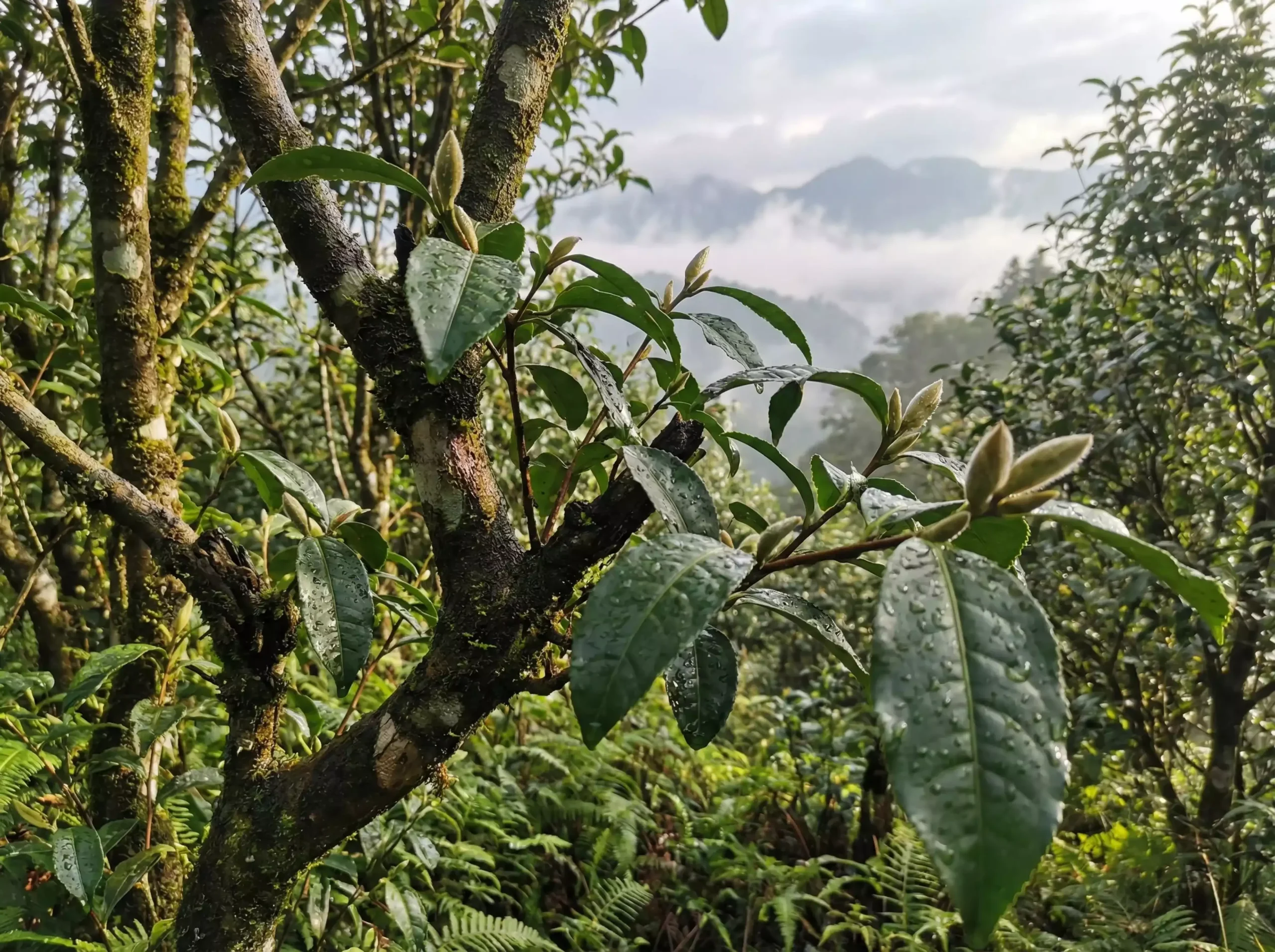 Close-up of ancient Yunnan large-leaf tea trees in a wild forest setting