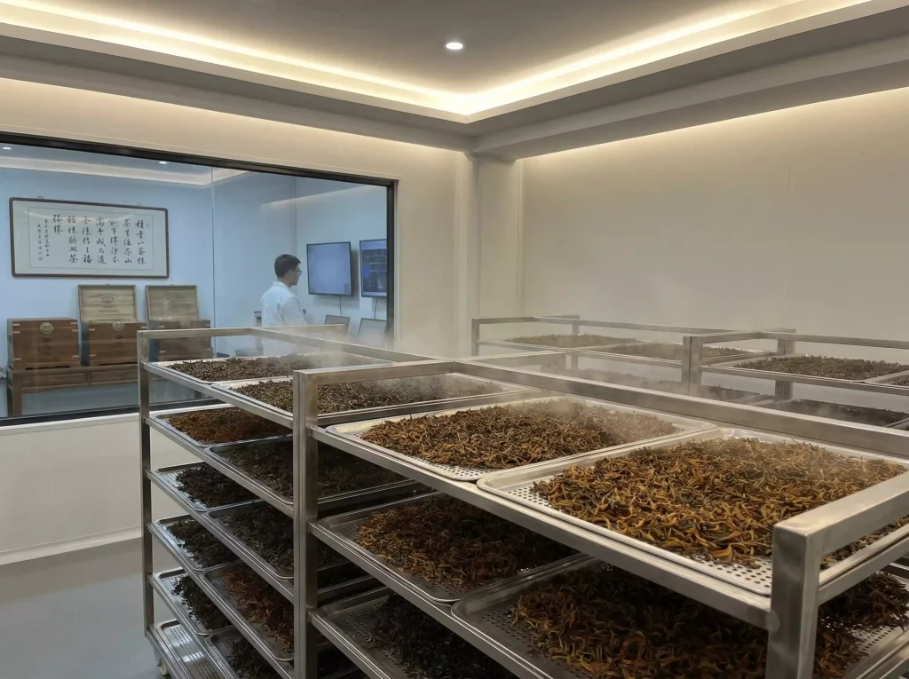 Fermentation process of Dianhong red tea in Yunnan, showing rolled leaves in controlled environment