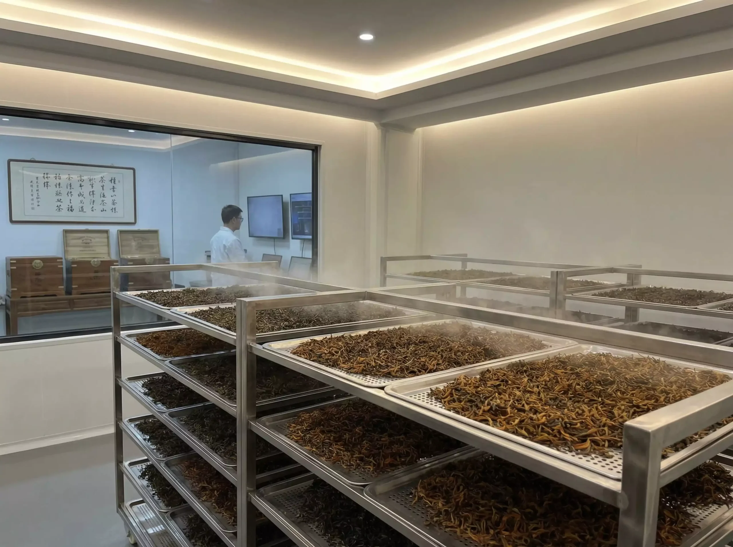 Fermentation process of Dianhong red tea in Yunnan, showing rolled leaves in controlled environment