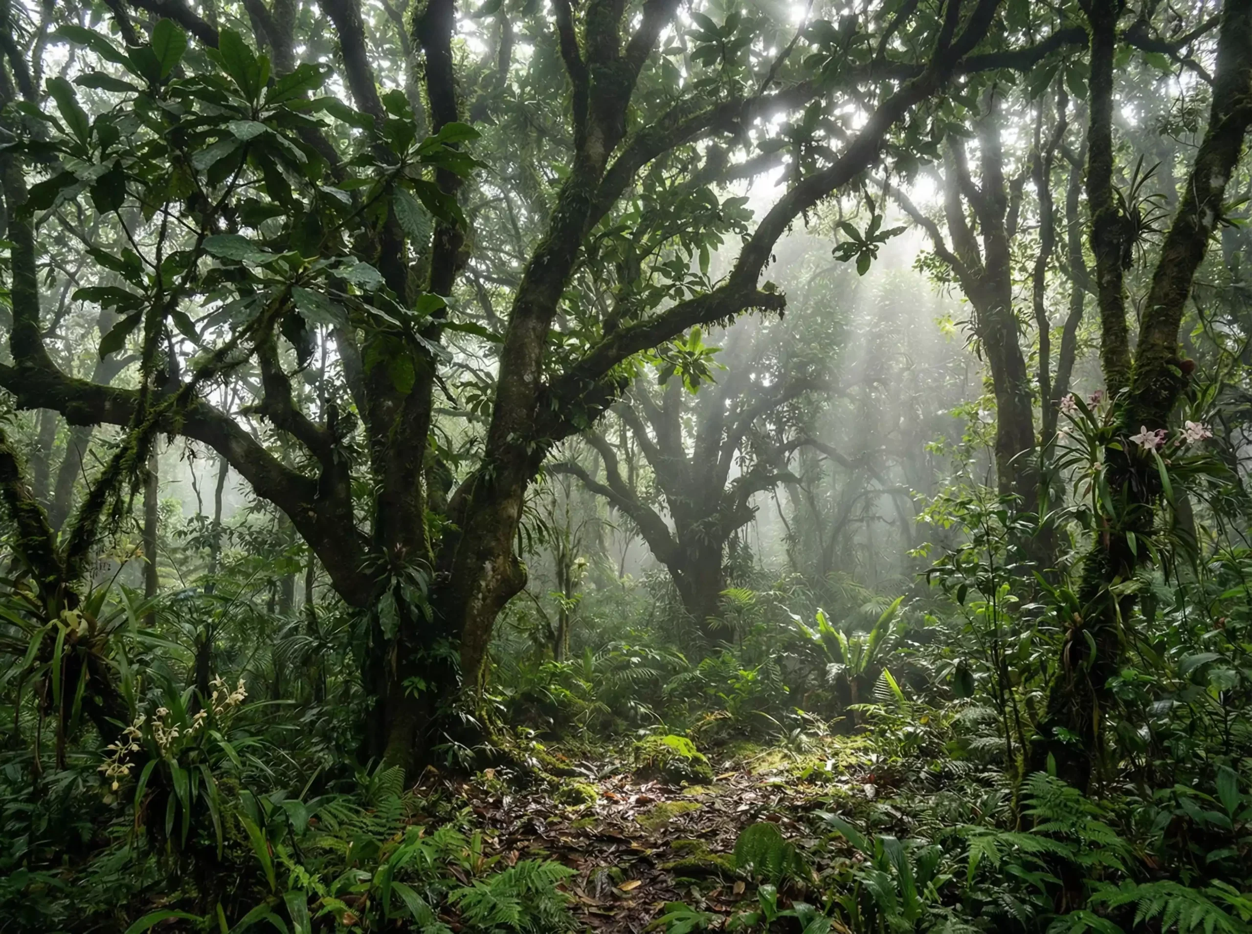 ancient large-leaf tea trees in a misty Yunnan forest, high-altitude ecosystem with rich biodiversity