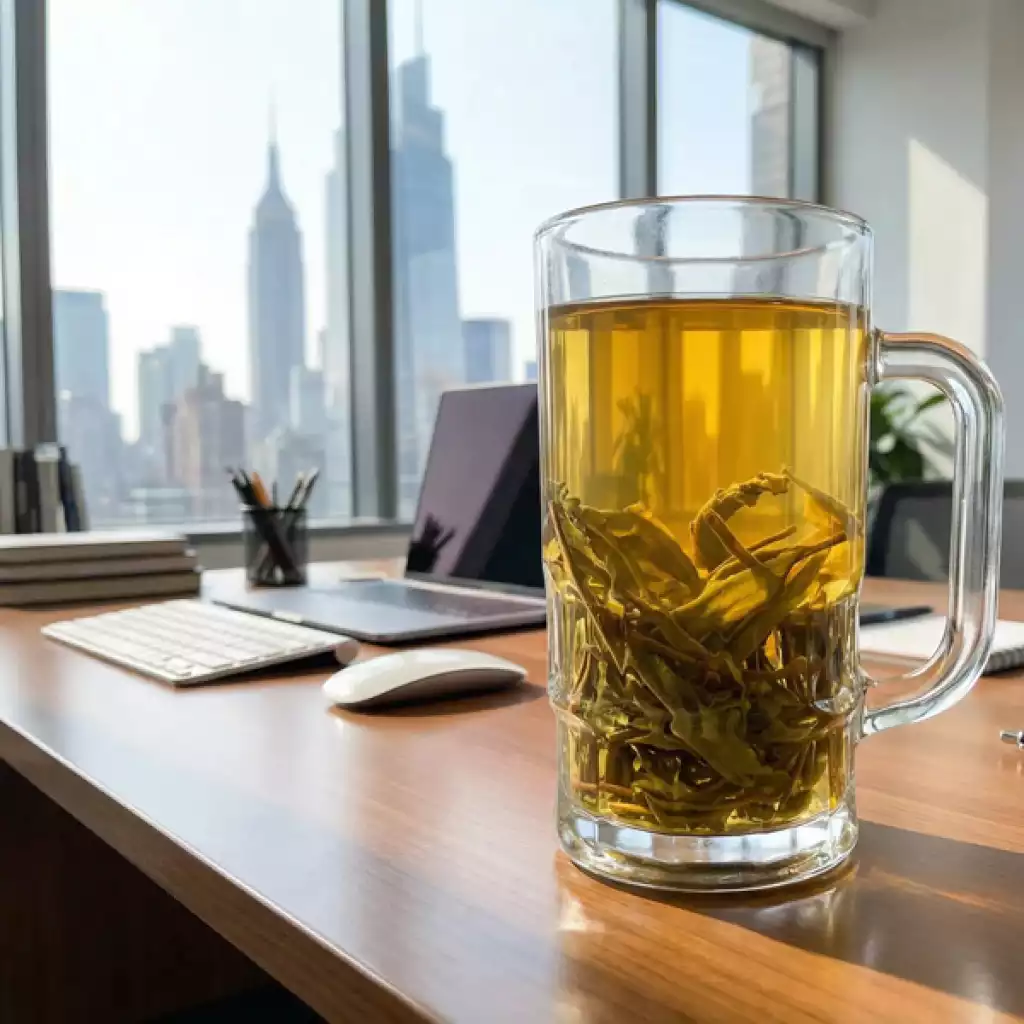 Office desk tea brewing scene with a 2g mini tea cake in a mug
