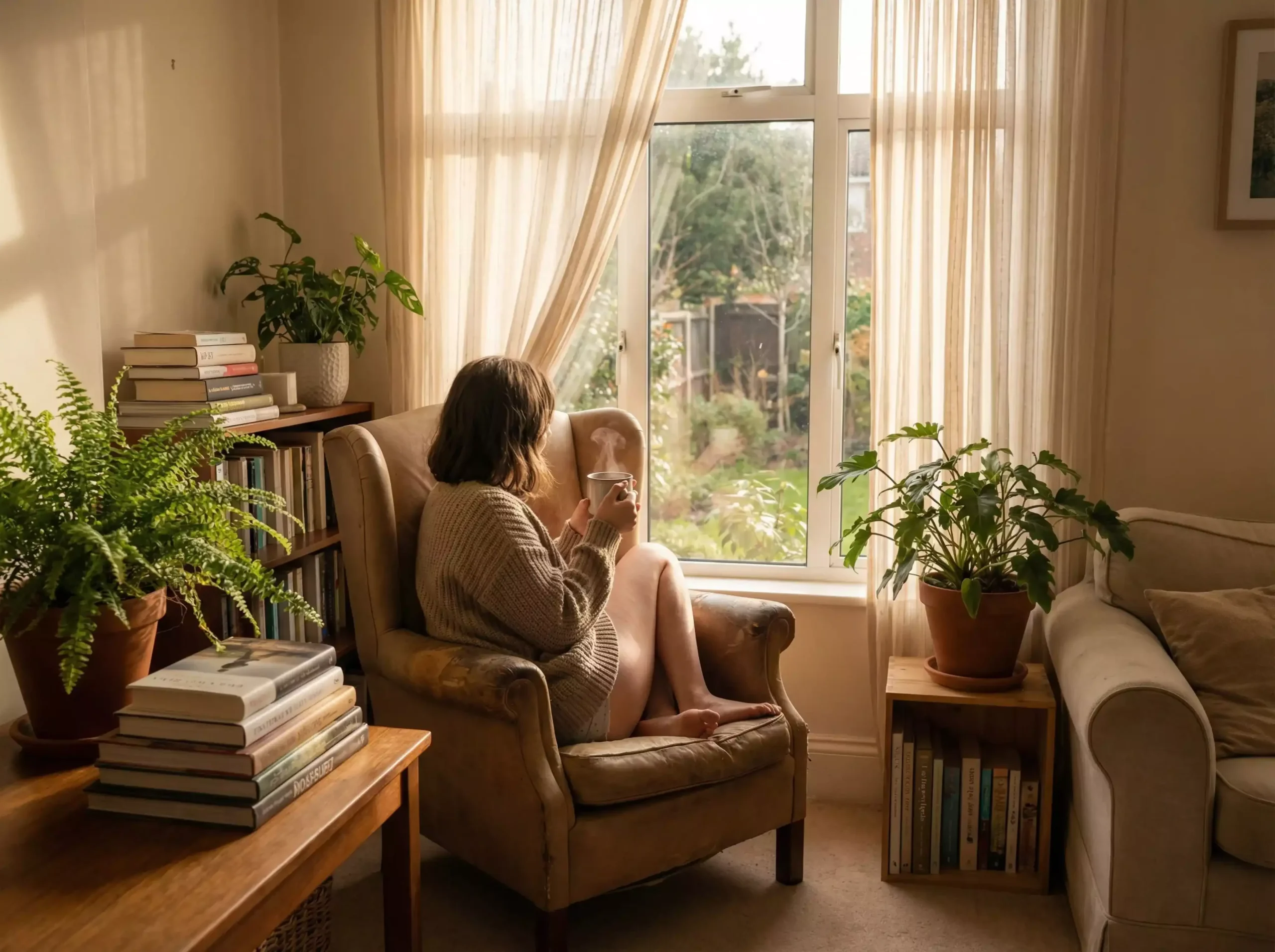 a person relaxing while drinking a steaming cup of hot tea, sitting by a window with soft morning light, surrounded by books. 