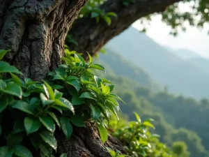 Close-up of an ancient Pu-erh tea tree trunk with thick bark and vibrant green leaves in a Yunnan forest"