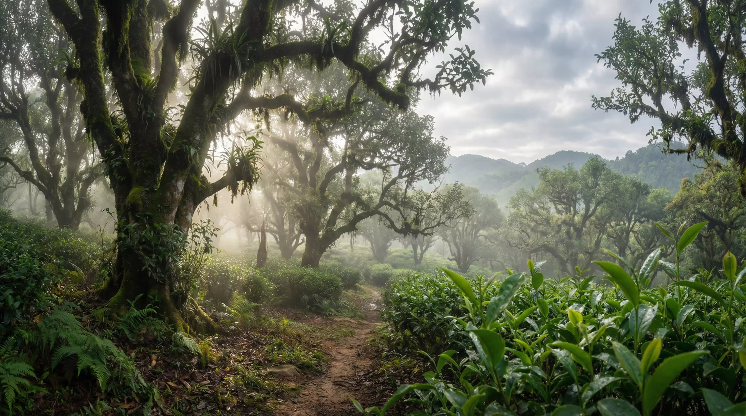 Misty ancient tea trees in Lao Man'e Yunnan mountains