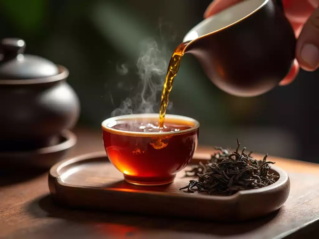 Traditional gongfu cha brewing of Pu-erh tea with amber liquor
