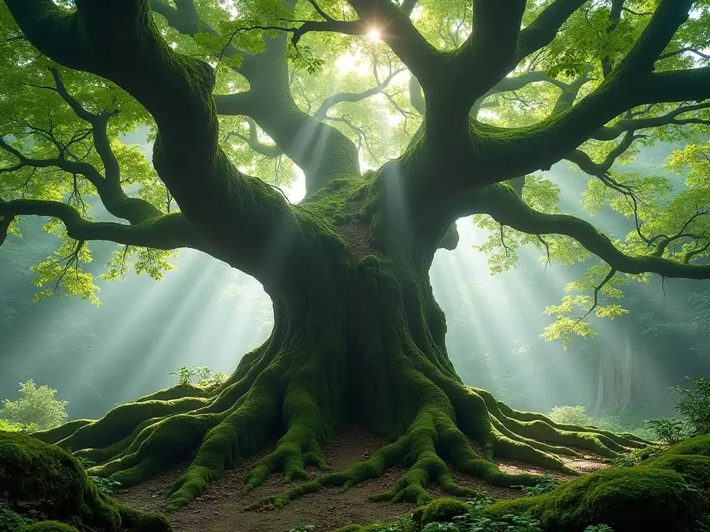 Majestic over-1000-year-old Pu-erh tea tree in misty Yunnan woodland