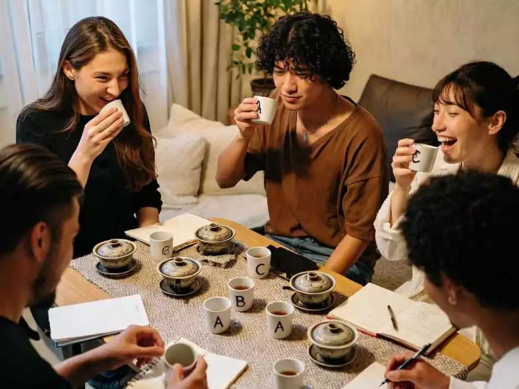 A group of 4-5 diverse friends sitting around a low table in a cozy room, playing a fun blind tea tasting game with numbered cups labeled A B C, gaiwans, notebooks for notes, laughing and discussing