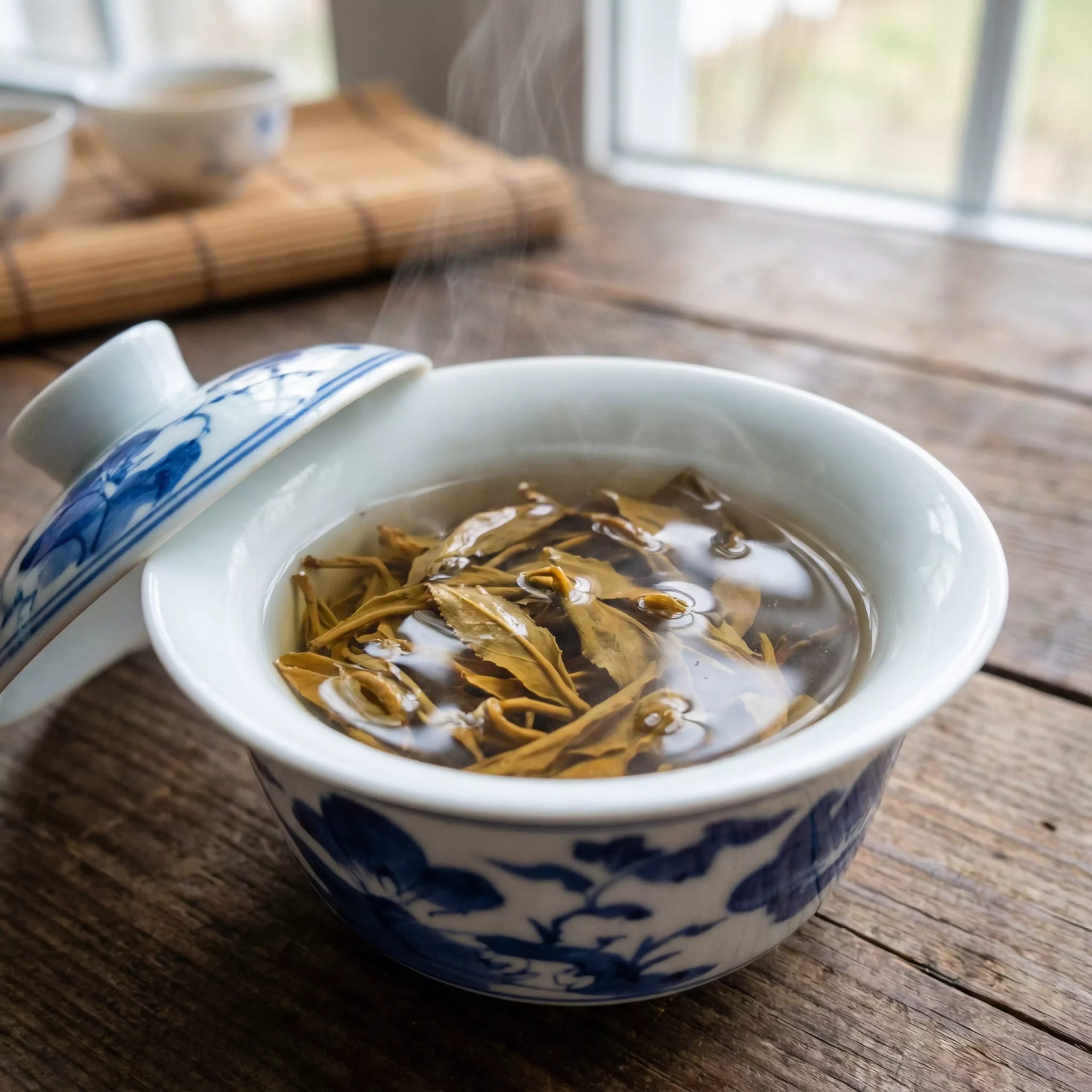 Porcelain gaiwan brewing Shai Hong tea, showing leaves expanding and golden liquor