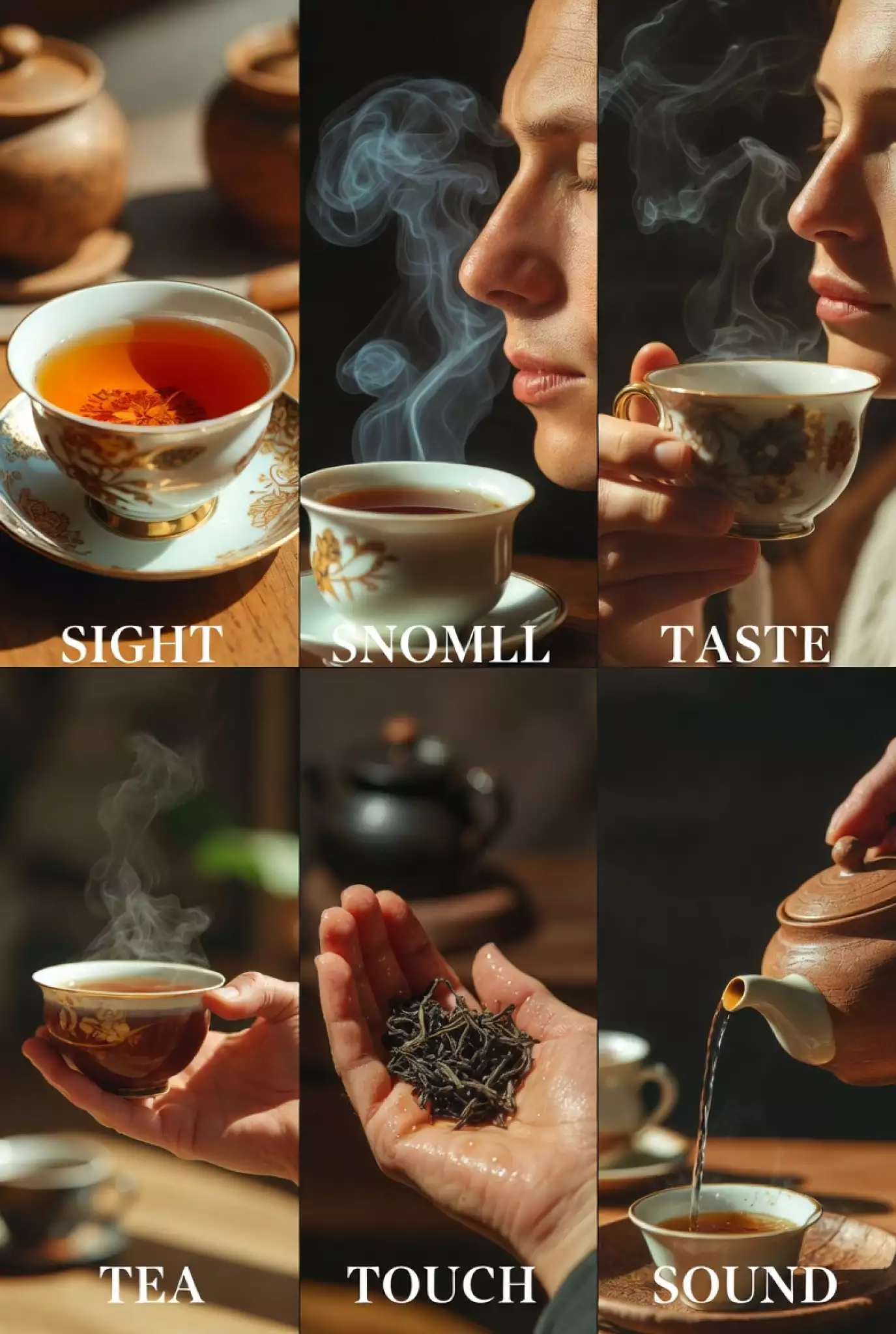 realistic scene showing the five senses in tea tasting: sight (colorful tea liquor in cup), smell (person inhaling aroma from gaiwan), taste (sip from cup), touch (hand feeling wet leaves texture), and subtle sound (pouring water)