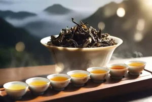 row of small porcelain cups with varying Sheng Pu-erh infusions showing color journey from crisp pale to rich deep amber