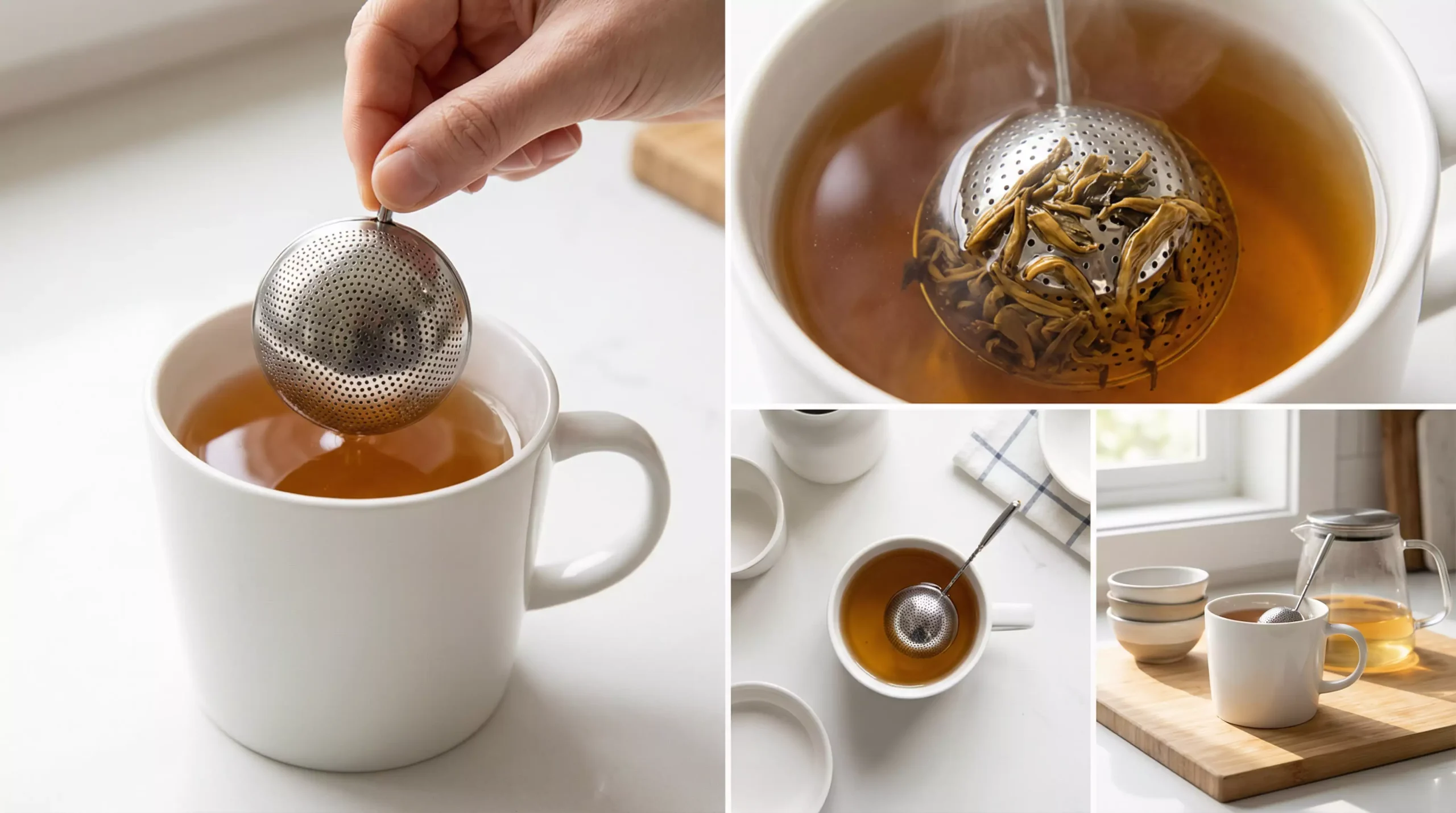 Stainless steel tea ball infuser filled with Shai Hong leaves in a mug, ideal for quick convenient brewing