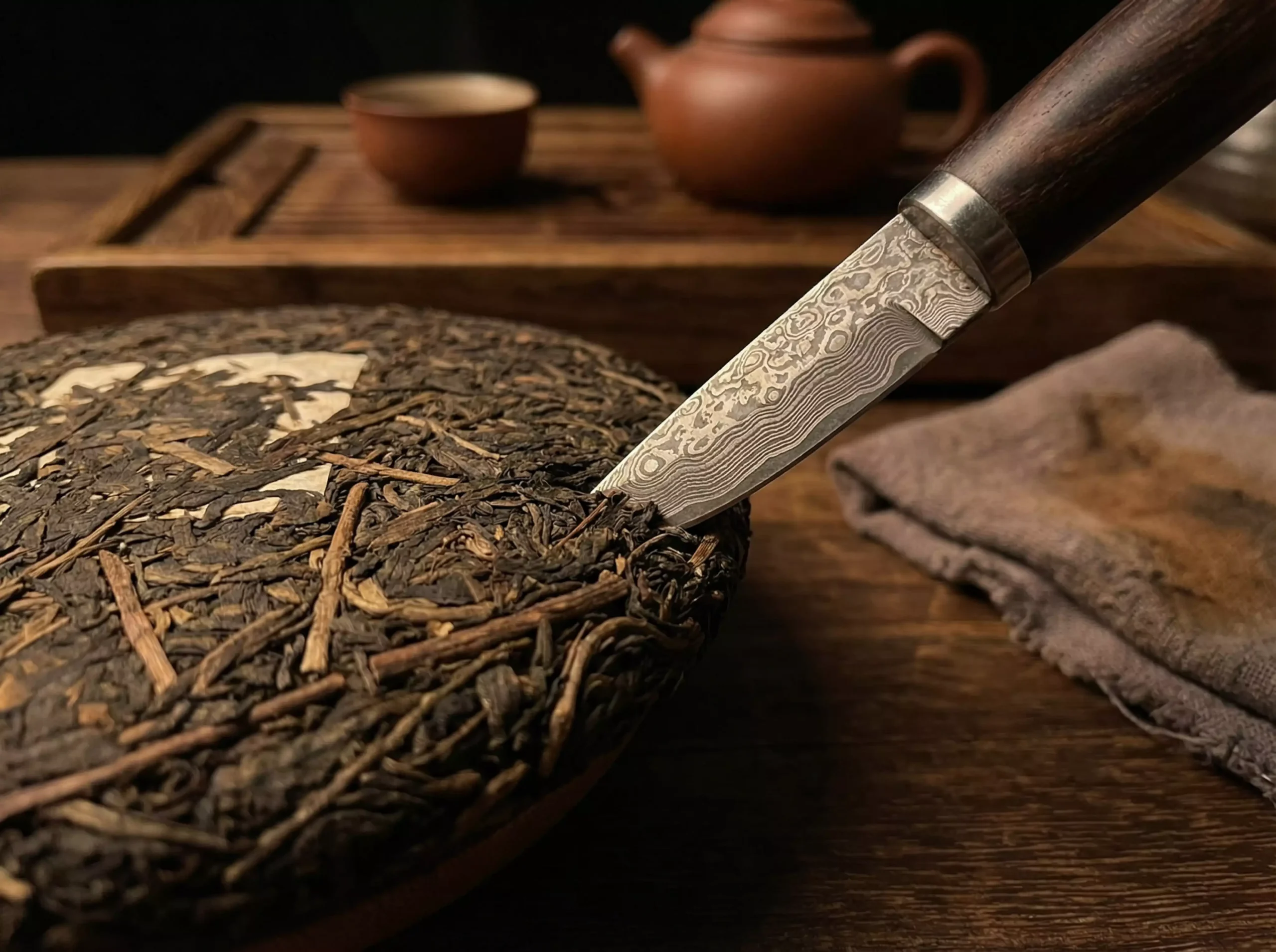 Macro shot showing the tip of a tea needle sliding into the side layers of a compressed Puerh tea cake. Focus on the organic texture of the compressed leaves.