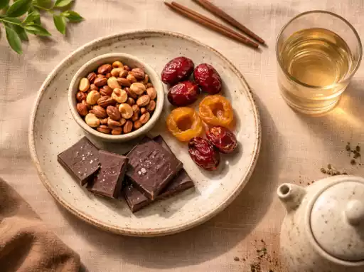 Tea snacks including dark chocolate and nuts to balance blood sugar during Cha Zui