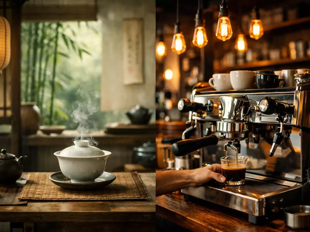 A cinematic split-screen comparison between a serene Chinese teahouse and a modern Western coffee shop