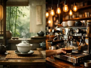 A cinematic split-screen comparison between a serene Chinese teahouse and a modern Western coffee shop