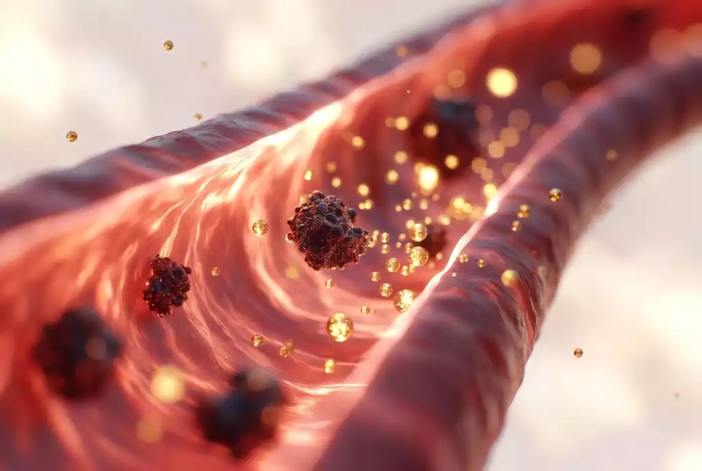 Conceptual medical illustration of theaflavins intercepting and reducing LDL cholesterol in the bloodstream