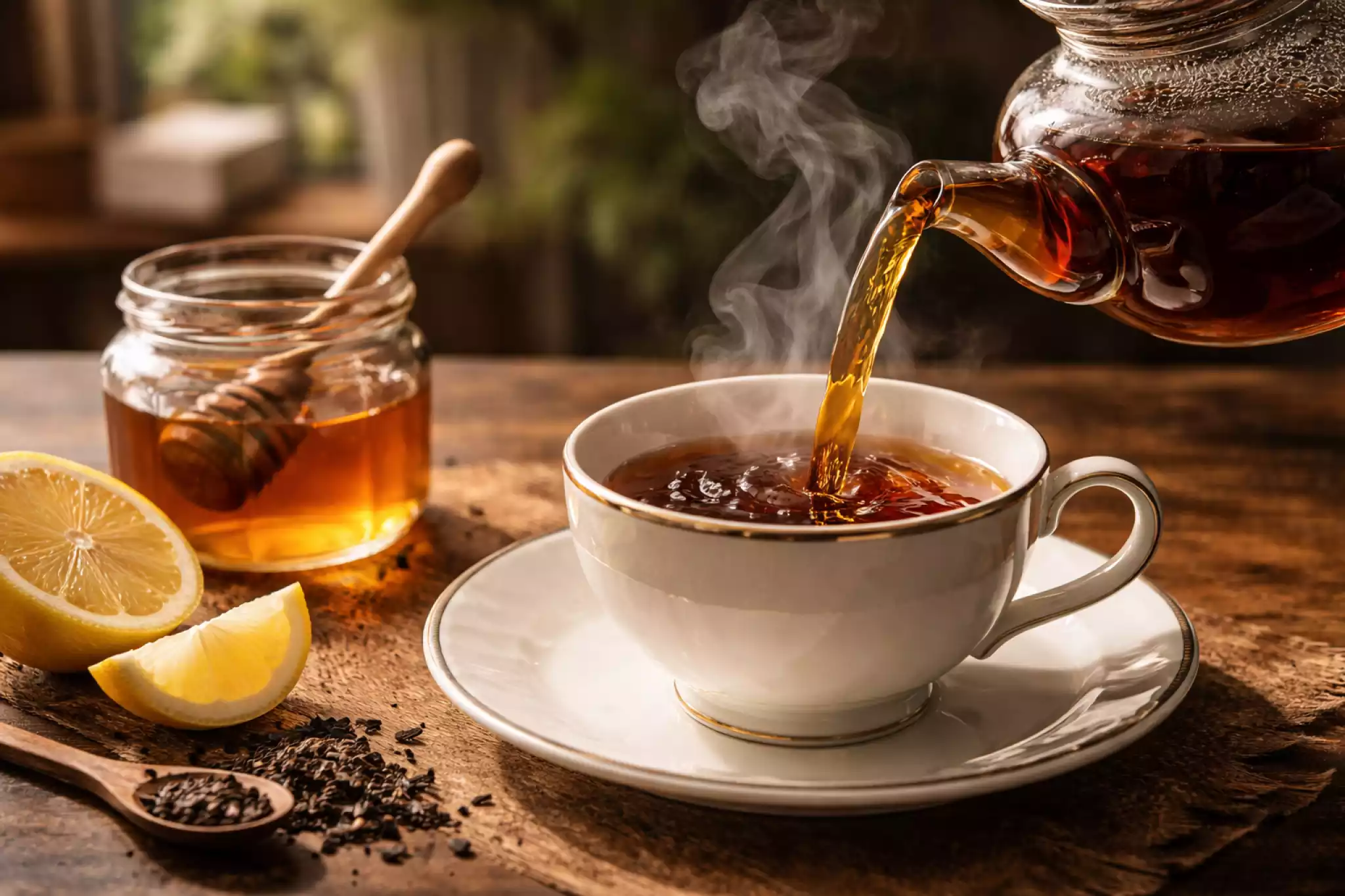 Cozy tea brewing scene with a glass teapot and rising steam