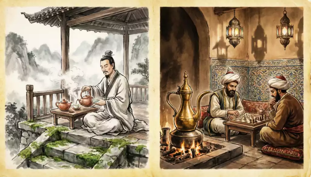 A historical diptych illustration of an ancient Chinese tea scholar and an old Ottoman coffee house
