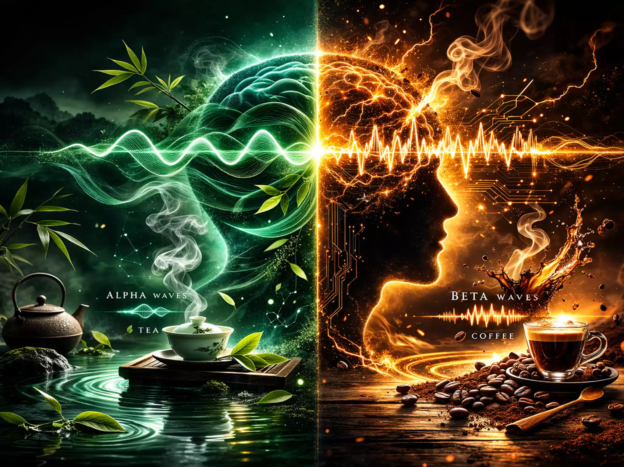 Abstract silhouette showing the calm green energy of tea L-theanine vs the sharp amber sparks of coffee caffeine