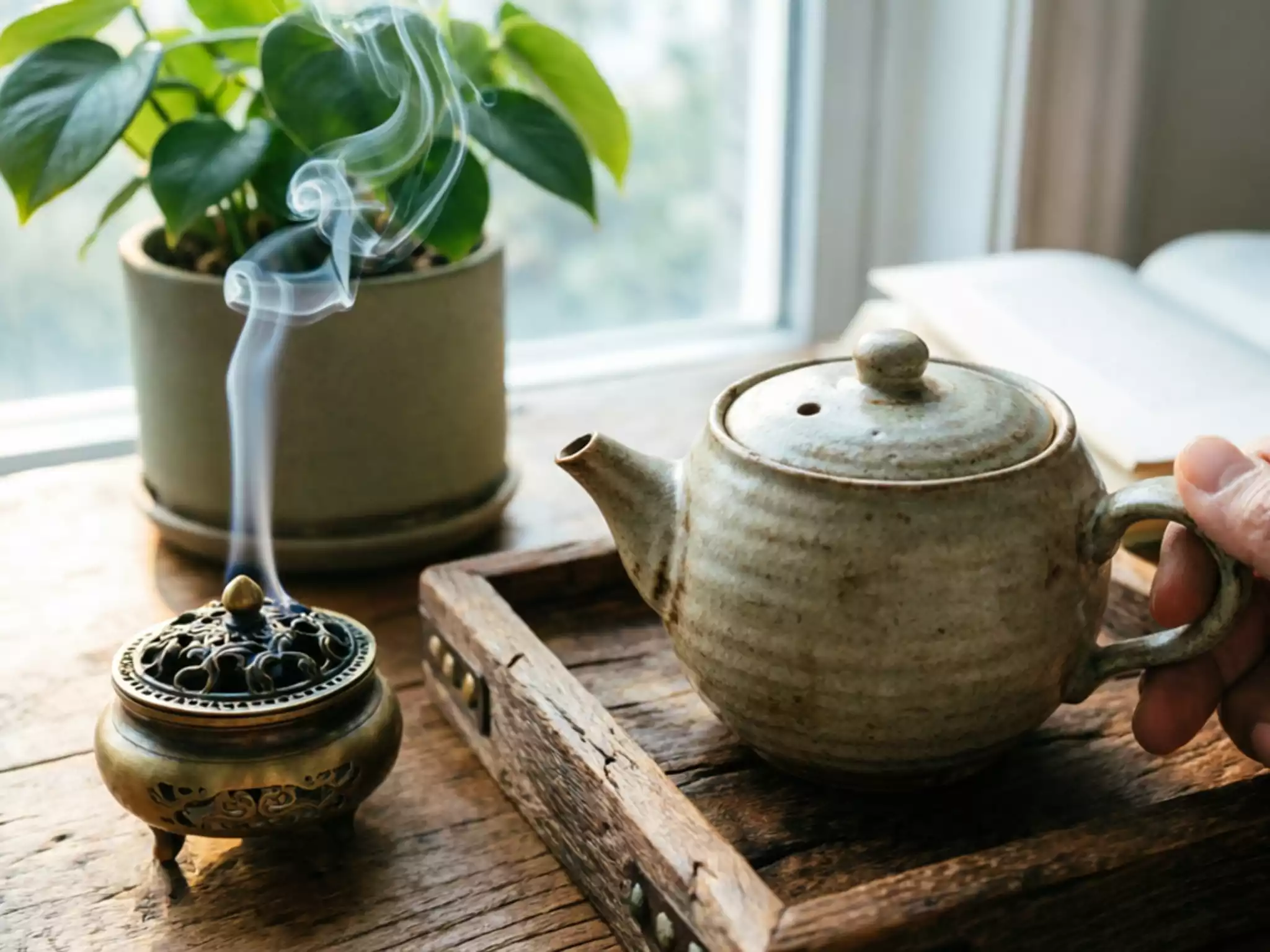 A simple and humble tea corner in a modern apartment, featuring a Wabi-sabi teapot and a small incense burner