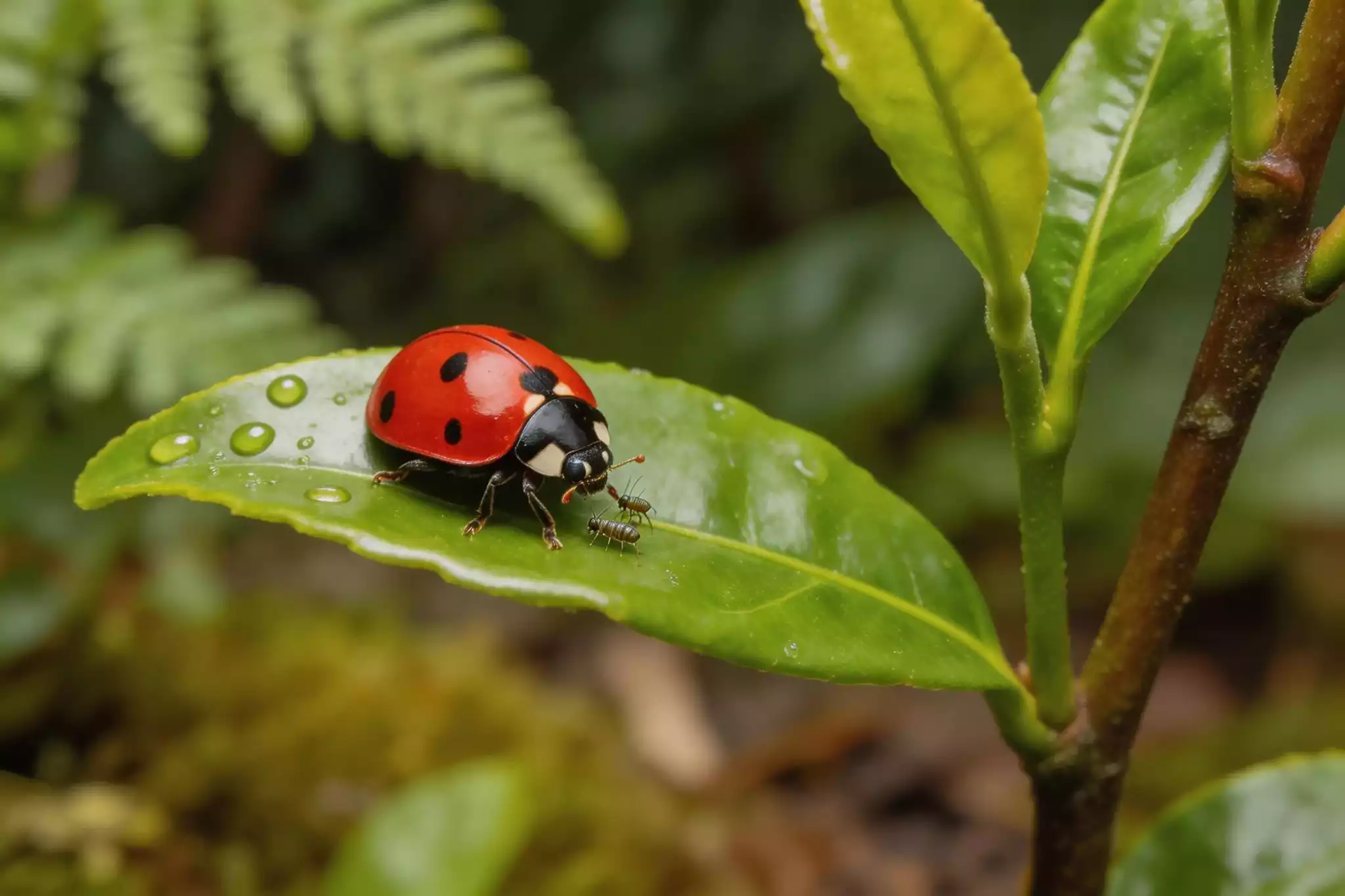 Macro shot of a ladybug on an ancient tea leaf, symbolizing natural pest control in Hani agroforestry