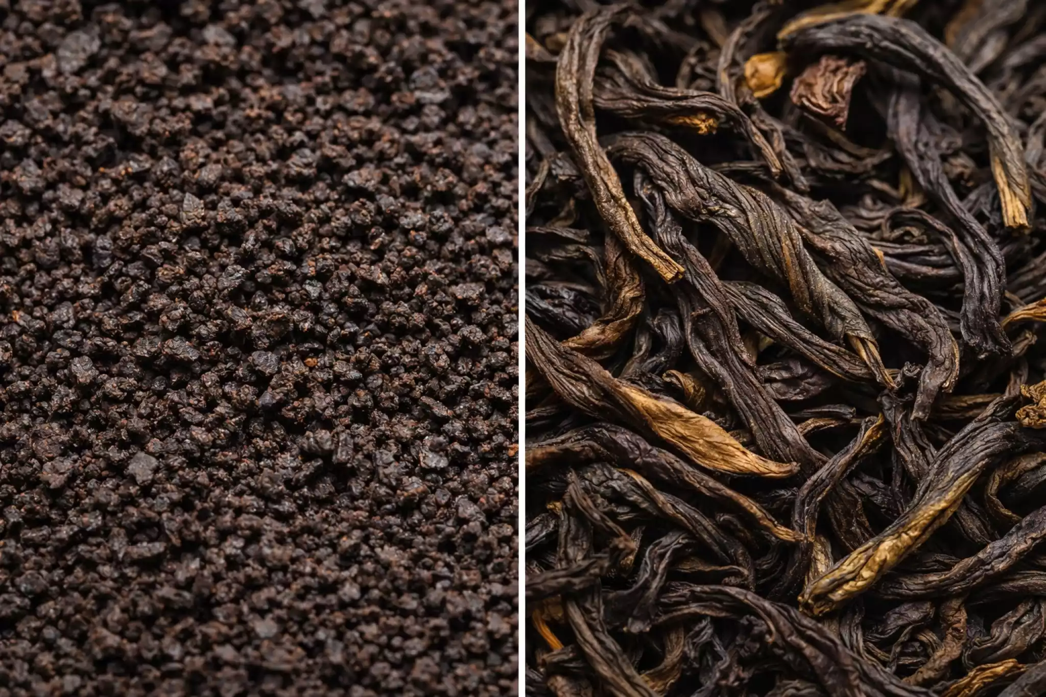 Macro comparison of Western CTC tea dust versus premium Chinese whole leaf red tea