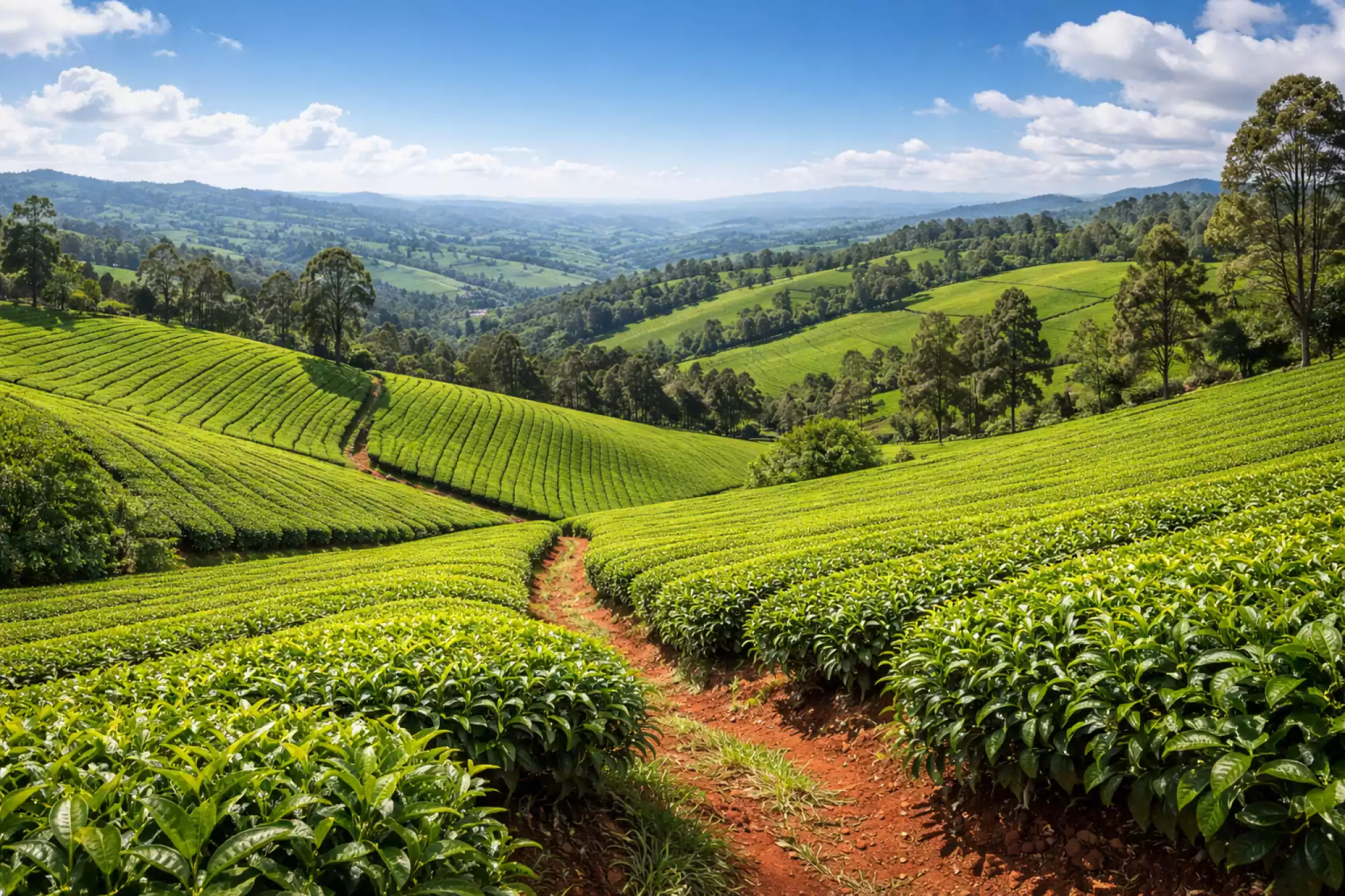 Panoramic view of lush green tea plantations in the Kenyan Highlands