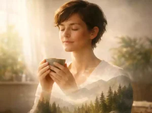 A meditative double-exposure of a person drinking tea with a calm forest landscape