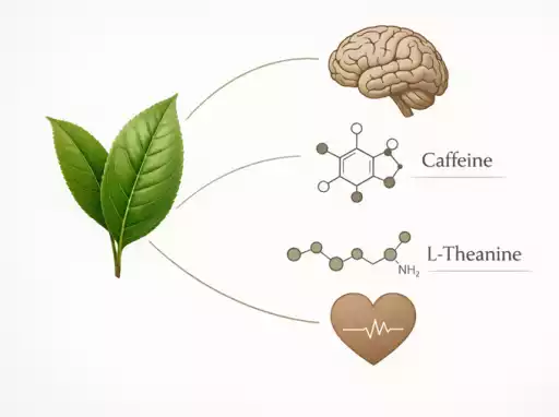 Minimalist illustration of a green tea leaf with chemical compounds L-theanine and caffeine labeled